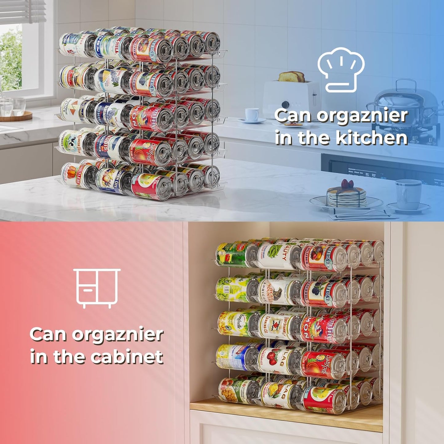 Stackable 5 Tiers Can Organizer Pantry, Canned Food Holder for Fridge Holds 60 Cans, Free Combination & Automatic Rolling, Space Saving Storage for Refrigerator Kitchen Pantry, Clear