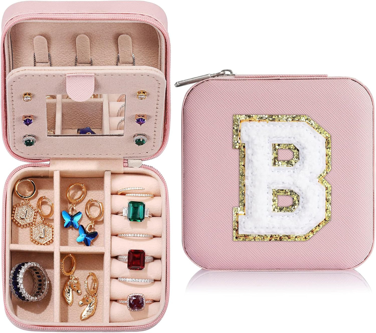 Parima Teen Girl Gifts Trendy Stuff - Travel Jewelry Boxes for Girls, Necklace Earring Organizer, 4-16 Year Old Birthday Gifts for Teen Girls, Christmas Gifts for Girl 2025 - Letter B, Pink