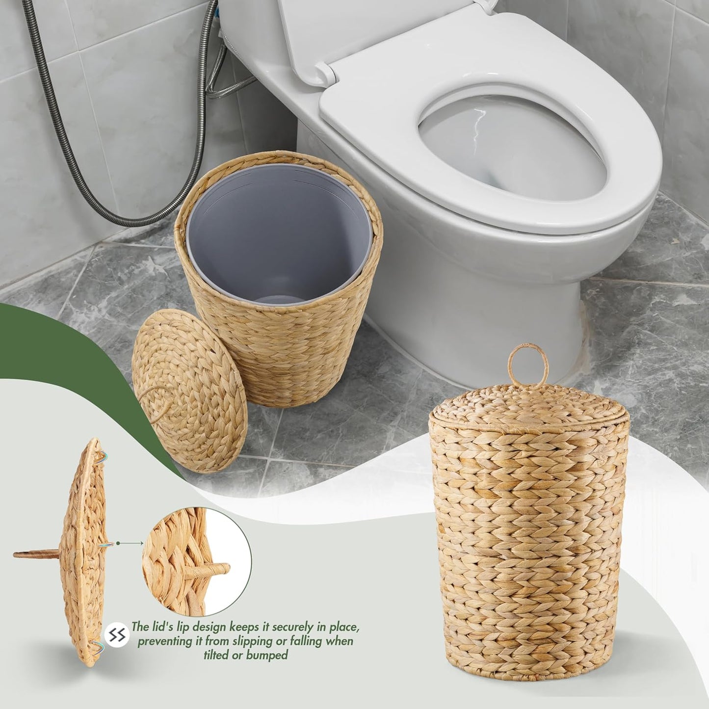 BLUEWEST 3 Gallons Wicker Trash Can with Lid and Removable Liner, Wicker Rattan Bathroom Trash Can, Large Woven Bin for Office, Hyacinth Waste Basket for Home Kitchen (Natural)