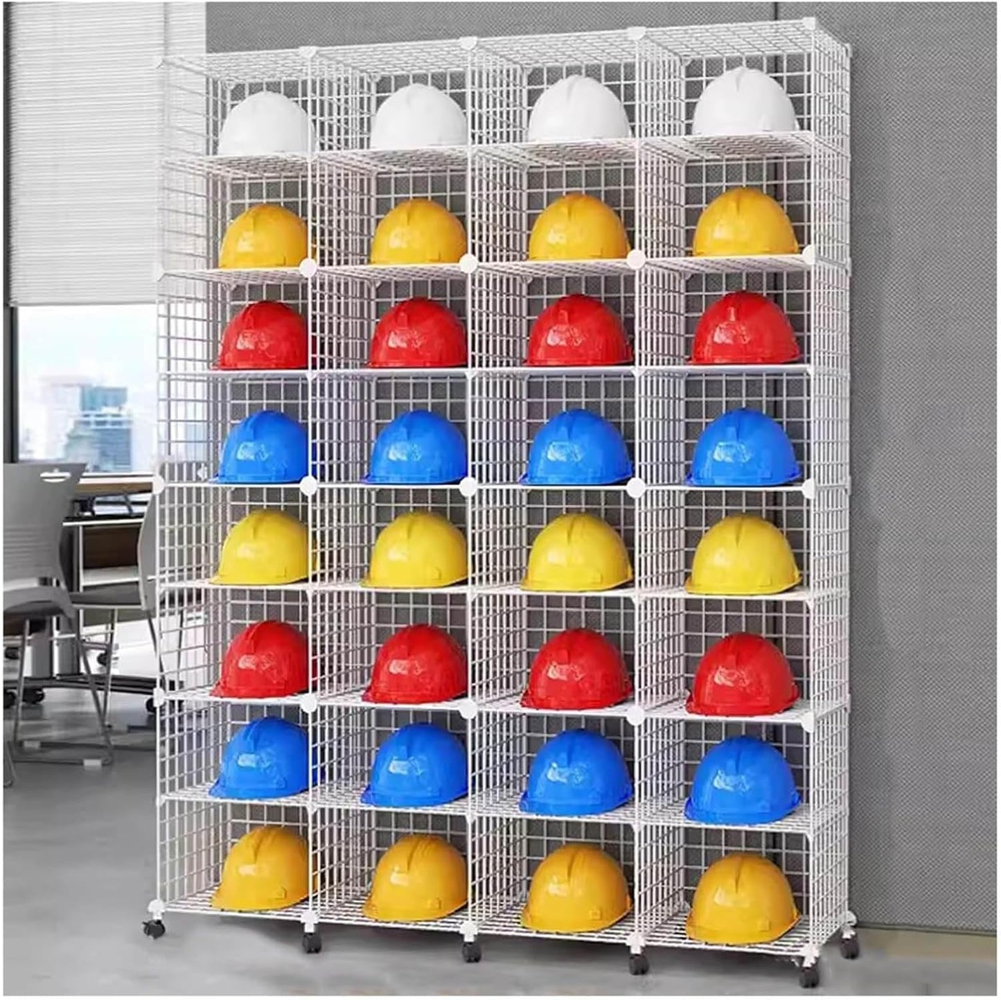 Stackable Safety Helmet Storage Boxes, Large Adjustable Hard Hat Placement Organizer Rack,with Wheels,for Construction Site/Garage/Workshop/Factory Helmet Display Shelf (White, 32 Grids-4 * 8)