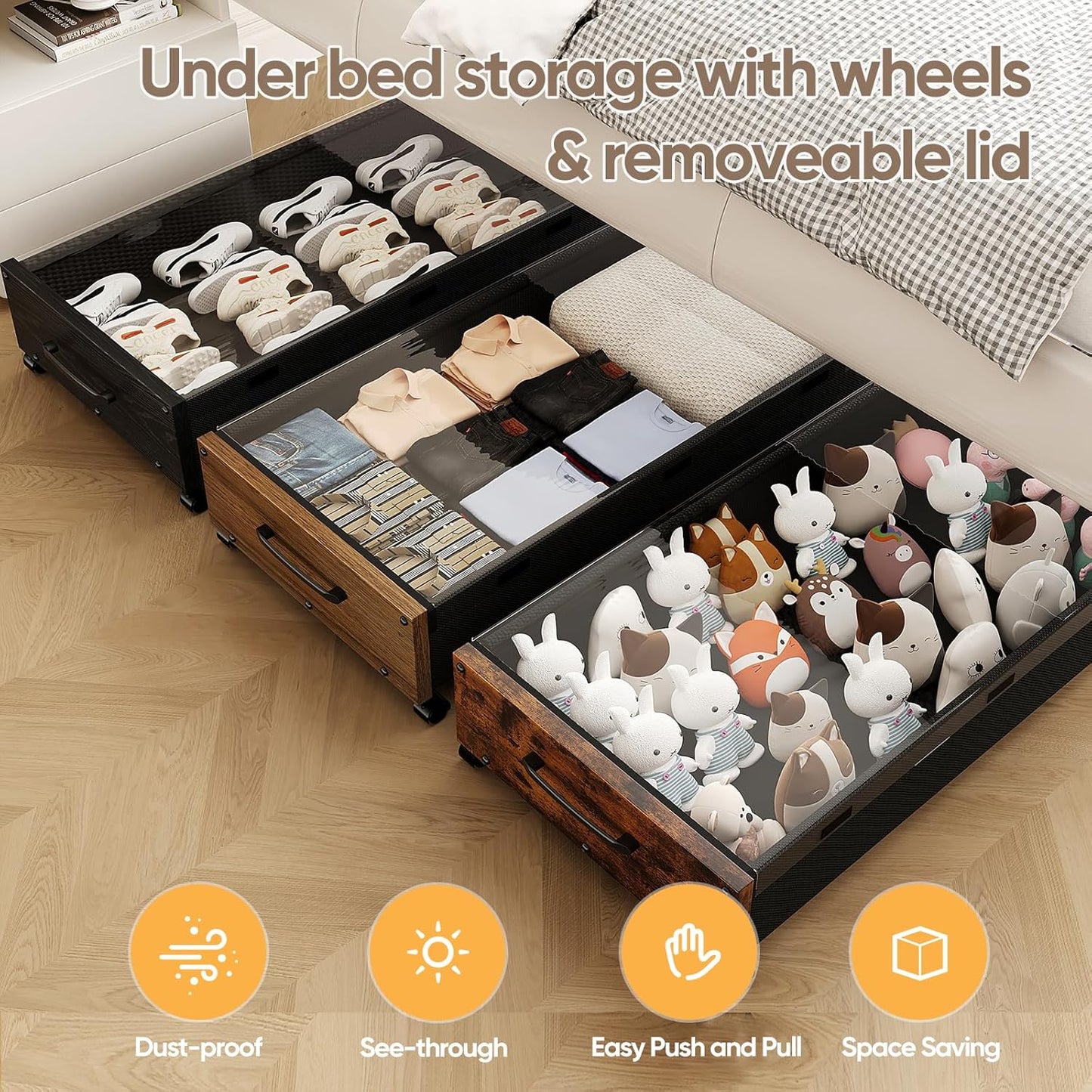 Under Bed Storage with Wheels, Rolling Underbed Storage Drawers, Wooden Under the Bed Storage with Remove Lid, Large Metal Storage Bins for Shoes Blankets Clothes Bedrooms Dorms (Vintage Brown-2pack)