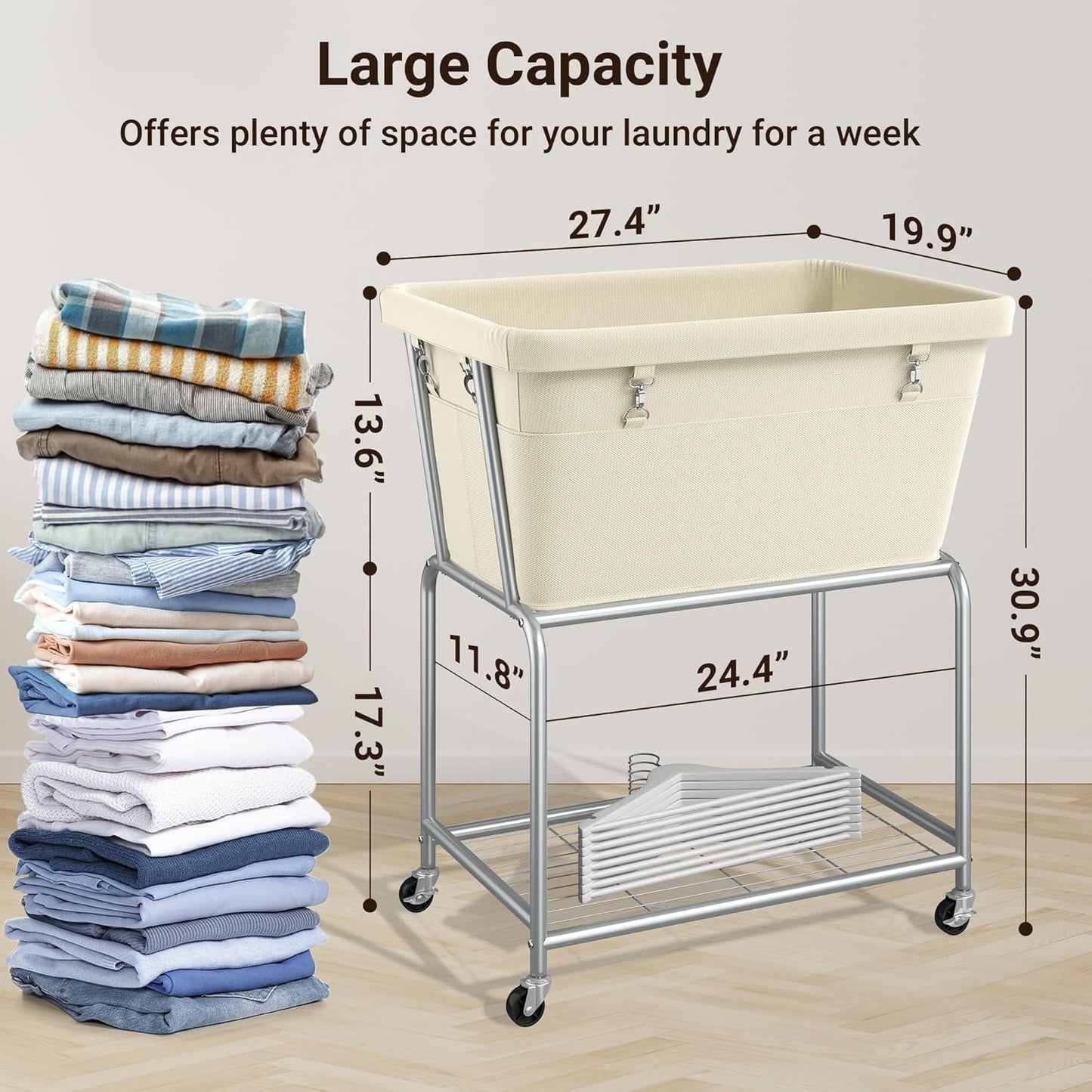 ELYKEN Laundry Cart with Wheels, Rolling Laundry Hamper with Removable Bag and Shelf, Metal Frame Laundry Basket with 4 Casters and 2 Brakes, Ideal for Bedroom, Bathroom, Laundry Room, Cream