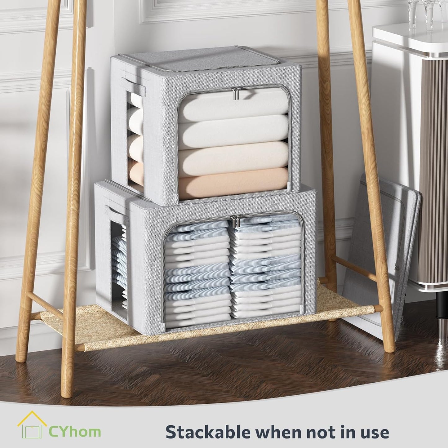 CYhom 3Pack Foldable Storage Bins - Frame Storage Box Linen Fabric Stackable Clothes Container Organizer with Clear Window & Carry Handles Large Capacity (Extra Large-100L, Light Grey)