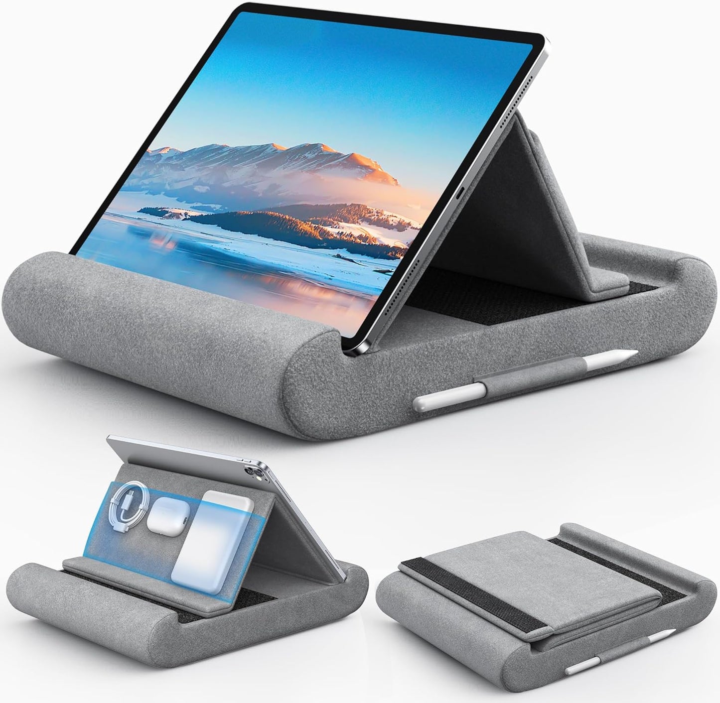 CreaDream Tablet Pillow Stand, Foldable Tablet Holder for Lap, Bed and Desk, Soft Pillow Pad with Pocket and Stylus Mount, for 4-13" Tablets, Like iPad Pro 11, 13, Air, Mini, Kindle, Galaxy Tab, Grey