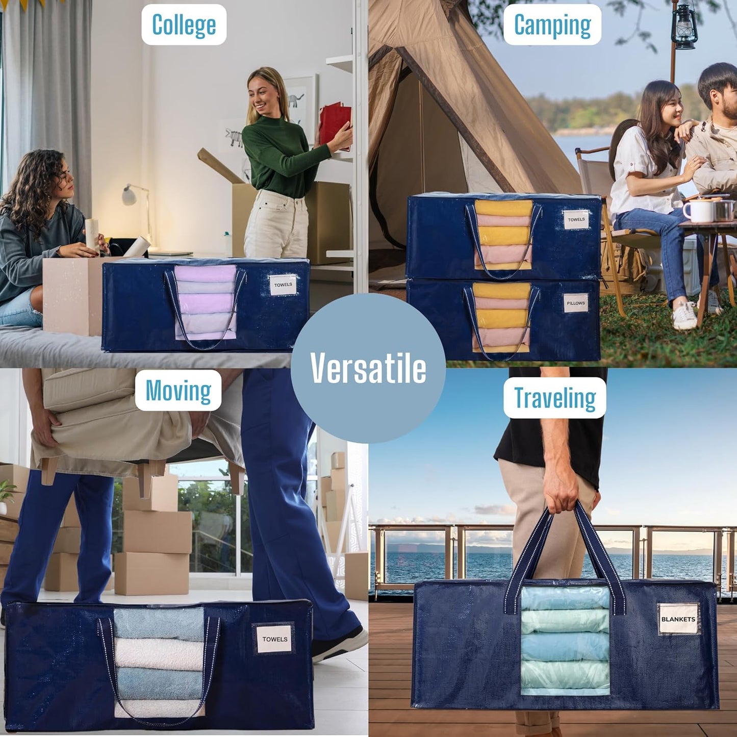 VENO 6 Pack Moving Bags Extra Large Storage Bags for College Move-In, Heavy-Duty Storage Totes, Packing Boxes, and Wardrobe Moving Supplies - Durable Laundry Bags for Clothes (Blue w/Window, 6 Pack)