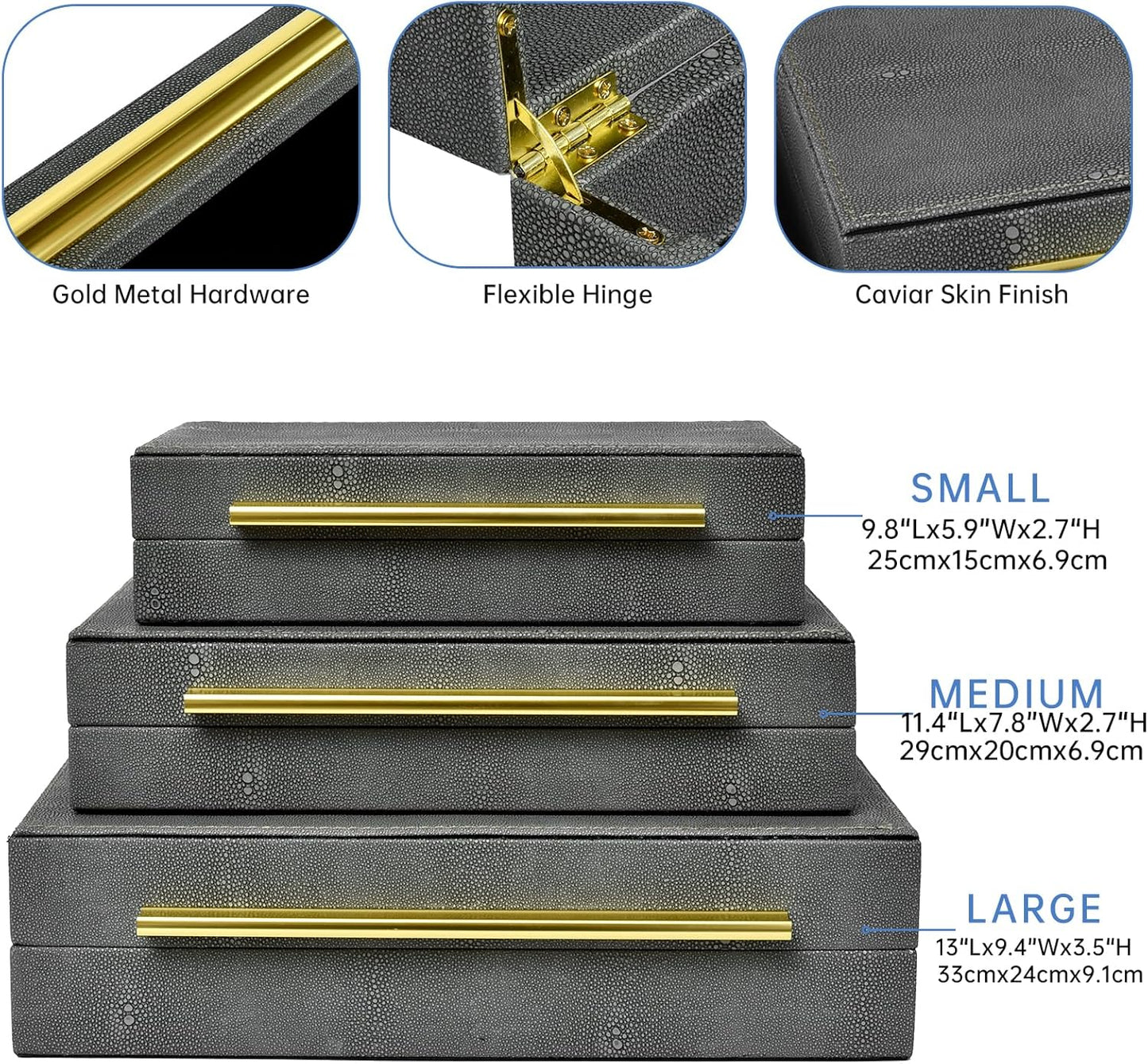 Faux Shagreen Leather Jewelry Storage Boxes Set of 3 with Gold Handles, Velvet Lined Stackable Organizer for Women, Vanity, Dresser, Gift, Grey