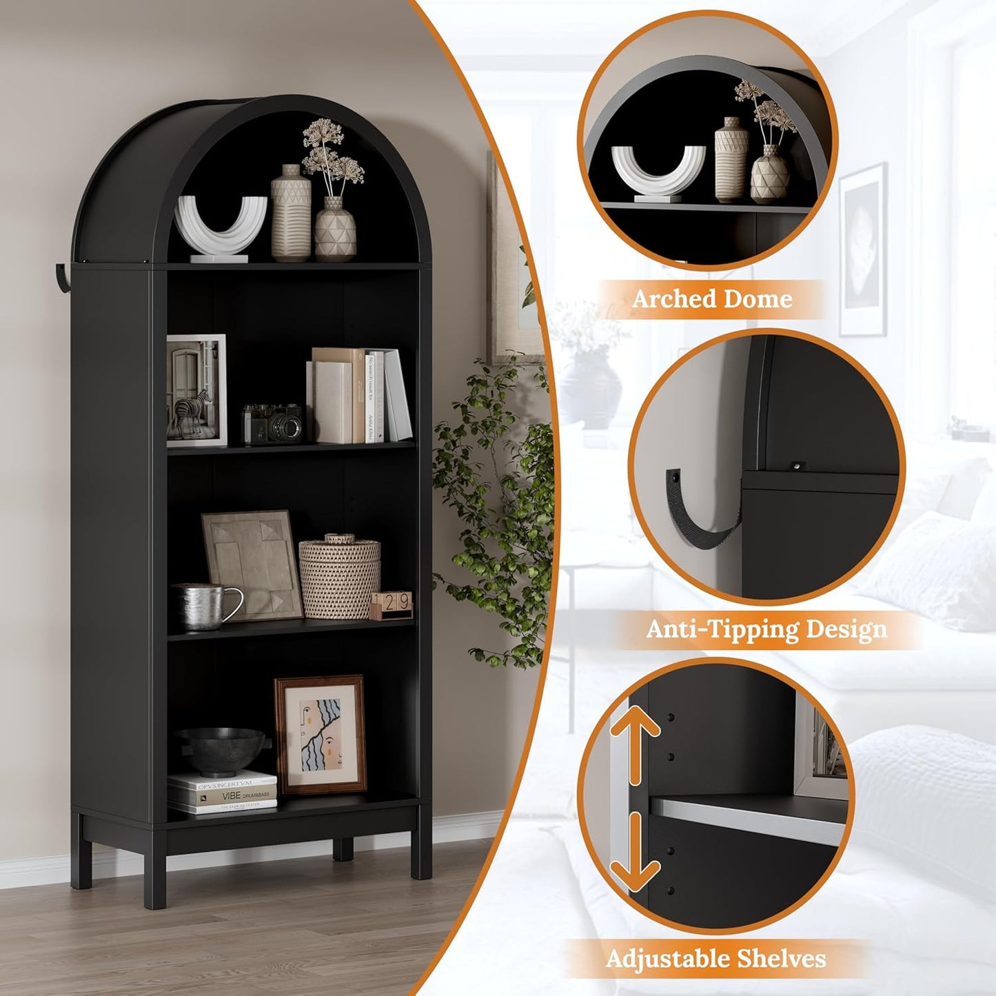 70" Tall Arched Shoe Cabinet, 7-Tier Shoe Rack with 3 Adjustable Shelves, Large Freestanding Shoe Organizer for Entryway, Closet, Hallway, Living Room (Midnight Black)
