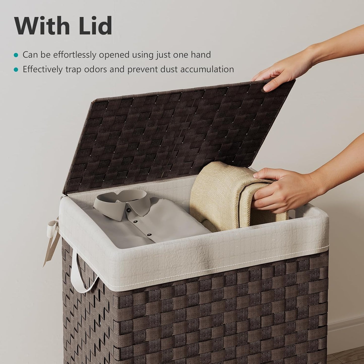 Foldable Laundry Hamper Basket with Lid by Fiona's magic, Handwoven 96L Large Clothes Hamper with Removable Liner Bags, Collapsible Tall Hamper for Bedroom, Bathroom and Dorm Organizer, 2Pack, Brown