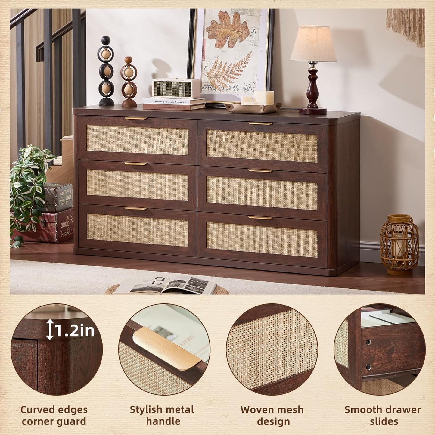 LEYAOYAO Rattan 6 Drawer Dresser for Bedroom, 54" Wide Boho Chest of Drawers, Wooden Dressers TV Stand with Metal Handle, Storage Closet Organizer for Living Room, Hallway, Walnut