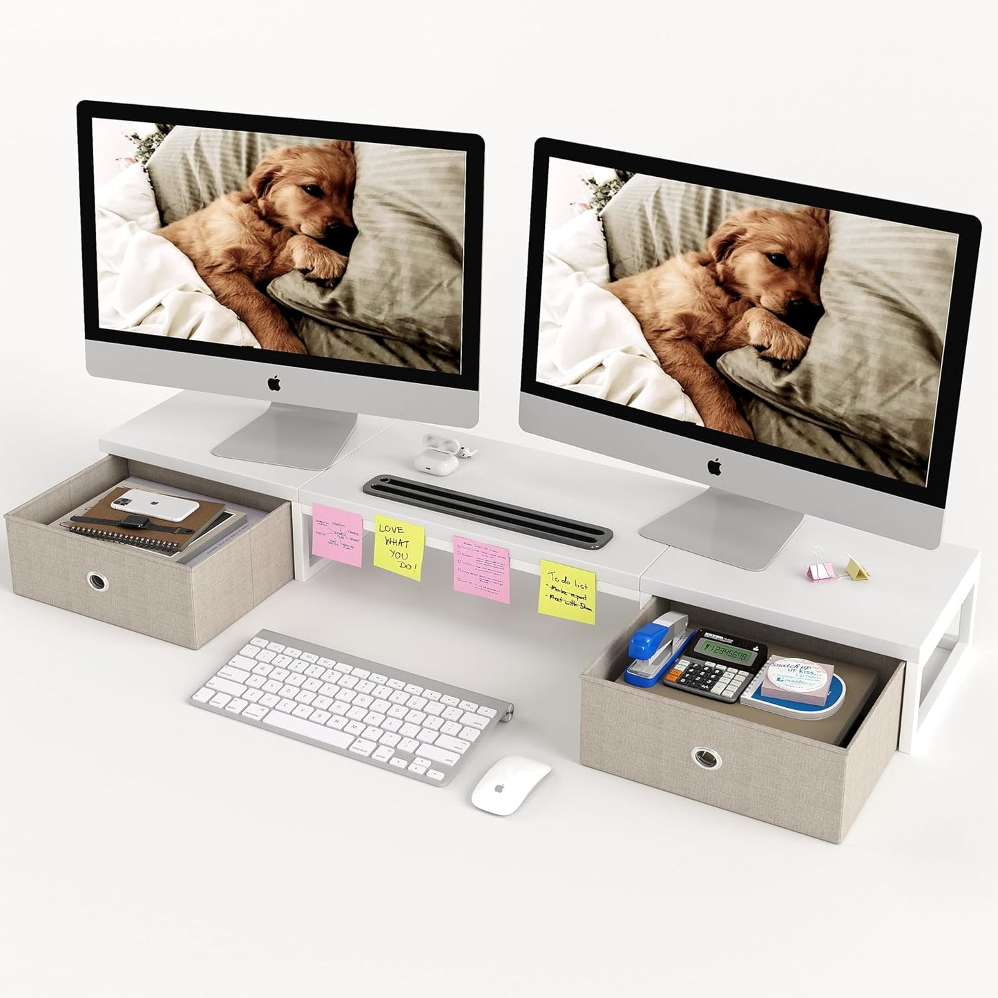 Mexin Dual Monitor Stand Riser with 2 Drawers - 39Inch Large Storage Computer Monitor Stands for 2 Monitors, Wooden Desktop Organizer Perfect for Home Office Desk, Computer, Laptop, TV, White