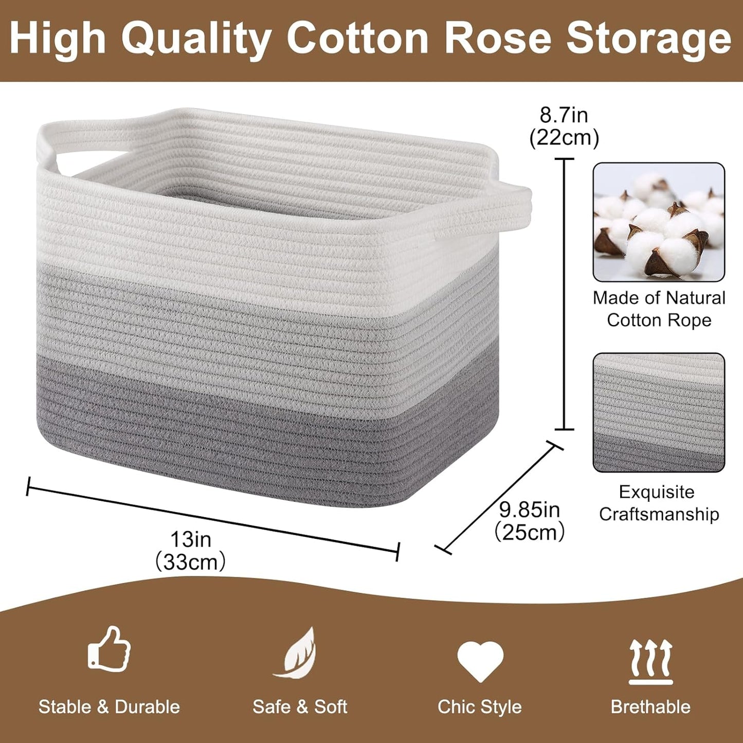 Storage Basket for Organizing, Woven Baskets for Storage, Rectangle Decorative Baskets for Shleves, Closet, Toys, Books, Nursery Organizer Bins - Pack of 3 (Gradient Gray, 13"x9.85"x8.7")
