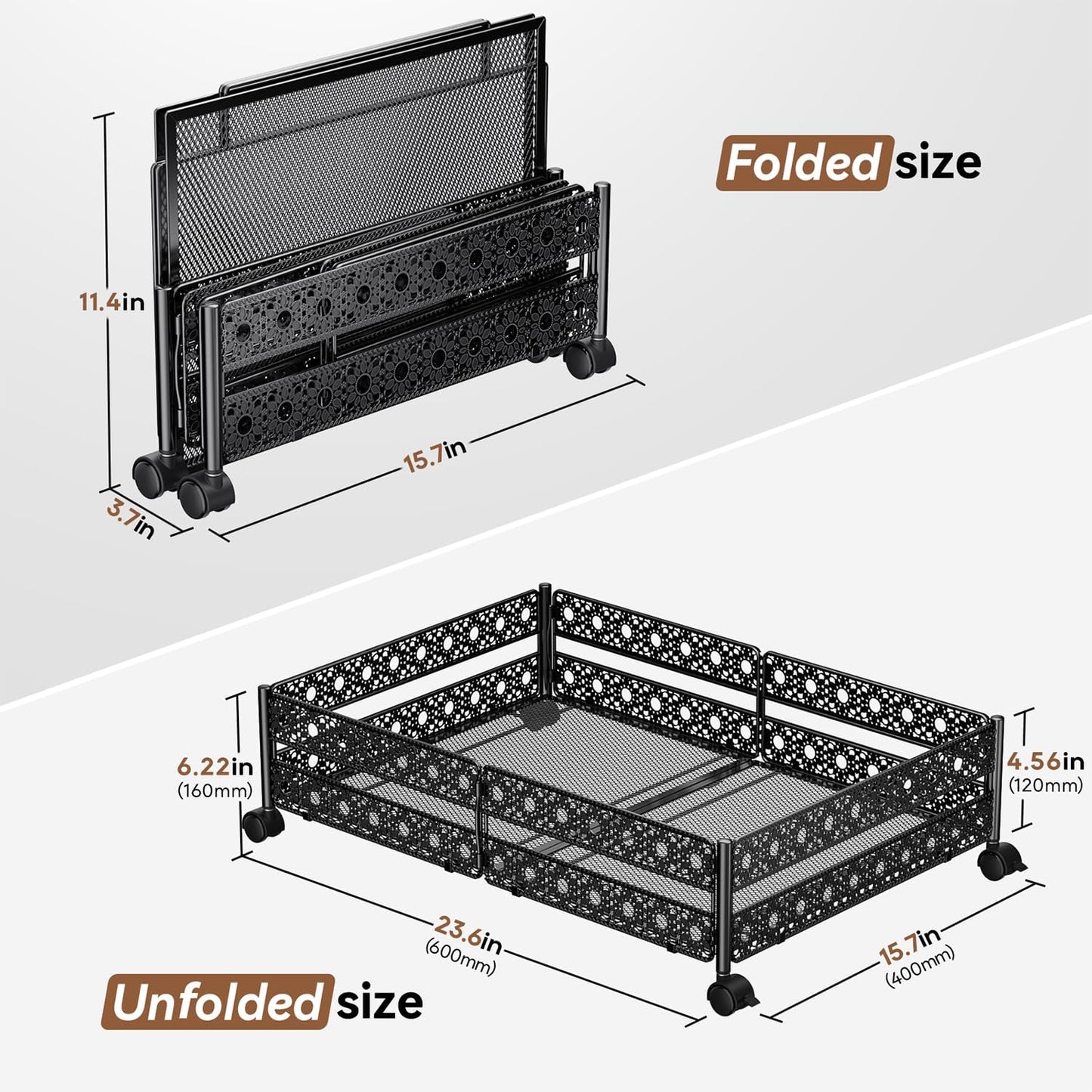 Under Bed Storage Containers with Wheels - Shoe Storage Organizer Drawer, Tool-free Assembly Metal Underbed Storage Containers for Bedroom Clothes, Shoes, Blankets - 2 Pack