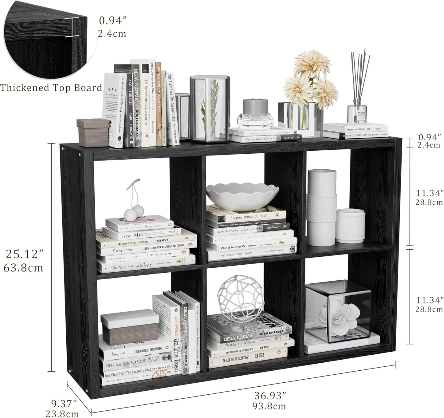 Cube Storage Organizer Bookcase, Decorative 11 inch Open Back Cubical Shelf with Thickened Border, Display Bookshelf for Living Room, Home Office, Sturdy Room (Black, 6 Cube)