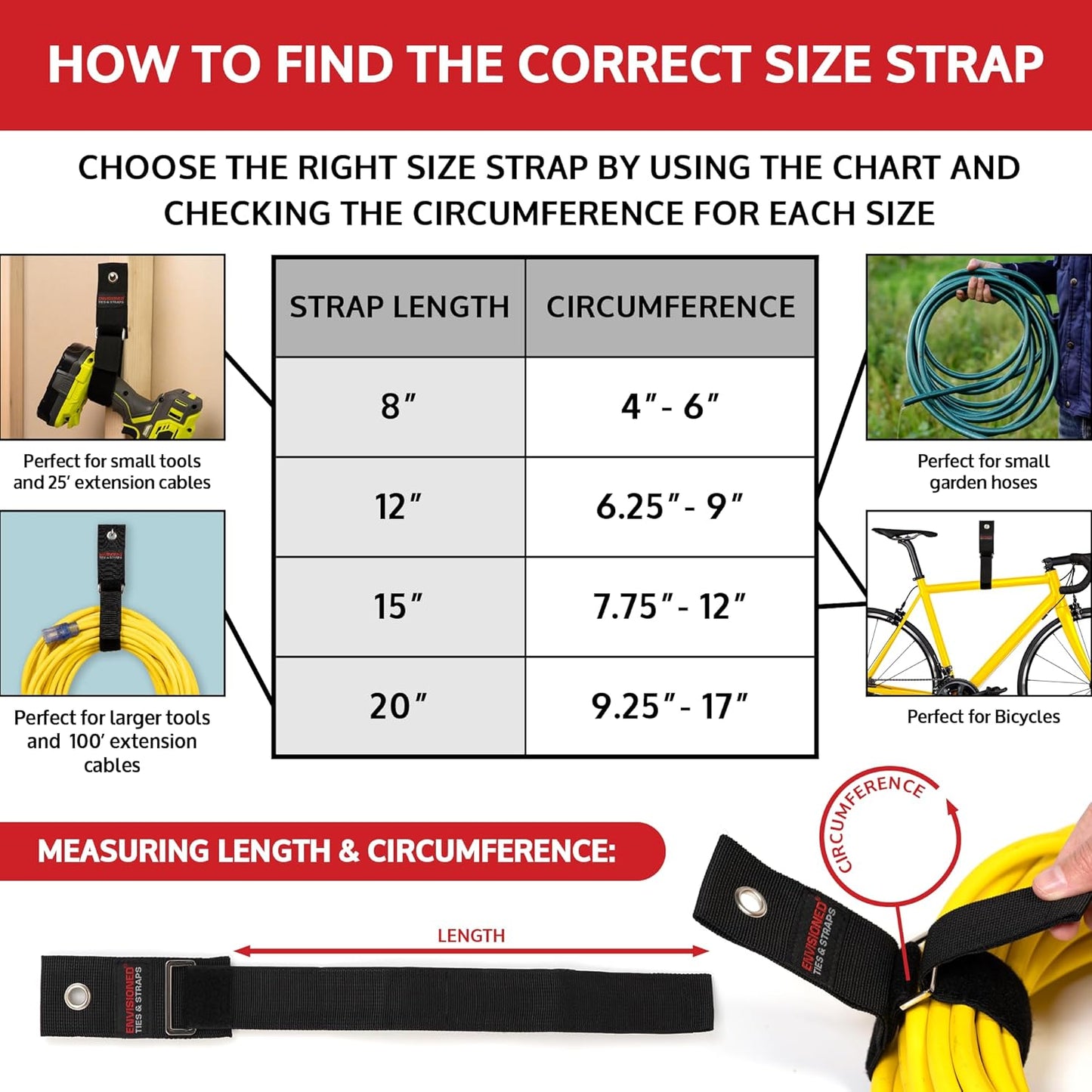 Heavy Duty Hanging Storage Cinch Straps with Metal Buckle (4 Pack, 1" x 8") - Electrical Extension Cord and Garden Hose Holder, Cable Management, Storage Organizer in Garage, RV, Workshop - ENVISIONED