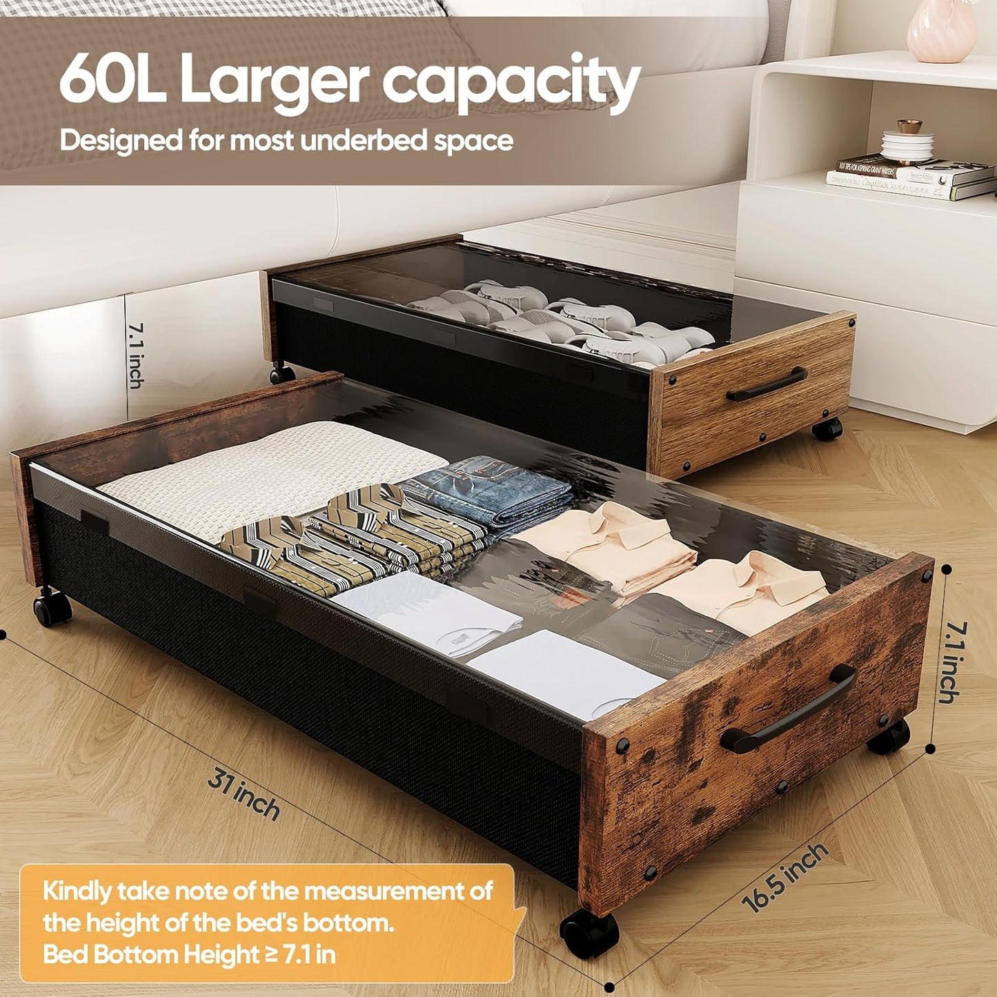 KITHELP Wooden Under Bed Storage with Wheels, Rolling Under the Bed Storage Bins with Removable Lid, Metal Under Bed Drawers for Clothes and Shoes in Bedroom or Living Room(Black Wood-2pack)