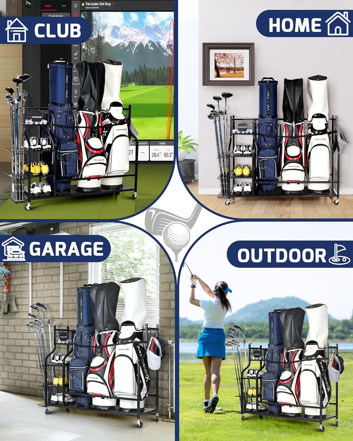 Golf Storage Rack, Garage Golf Organizer for 3 Golf Bags, Clubs, Balls, Shoes & Accessories, Garage Home Heavy Duty Golf Equipment Storage
