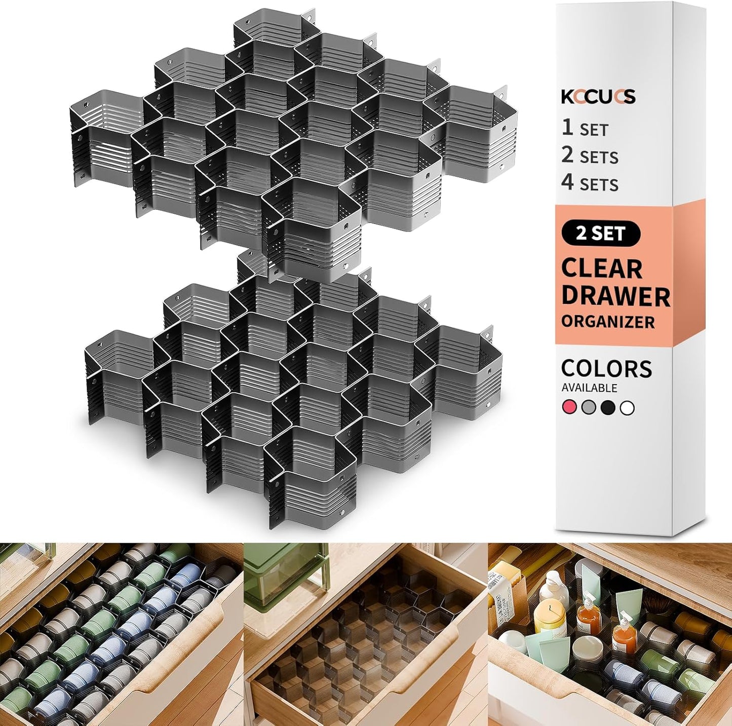 Honeycomb Separator Adjustable Drawer Organizer Divider for Underwear Belt-Scarf Socks Organizer (Black(2pcs))