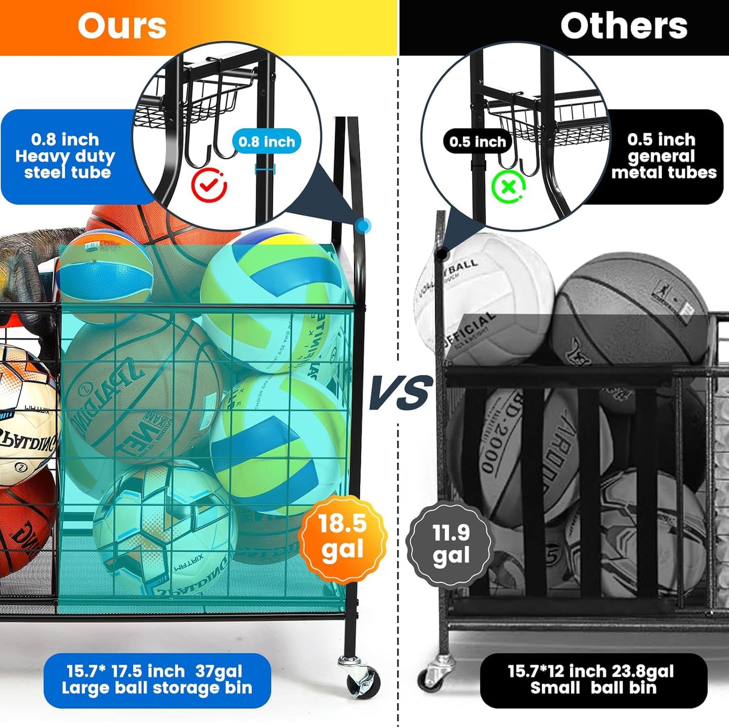 Kinghouse Sport Equipment Organizer for Garage, Steel Basketball Rack with Baseball Bat Holder and Hooks, Easy Assembly Storage for Balls, Kids' Toys, and Workout Gear in Basement, Home Gym, Outdoor