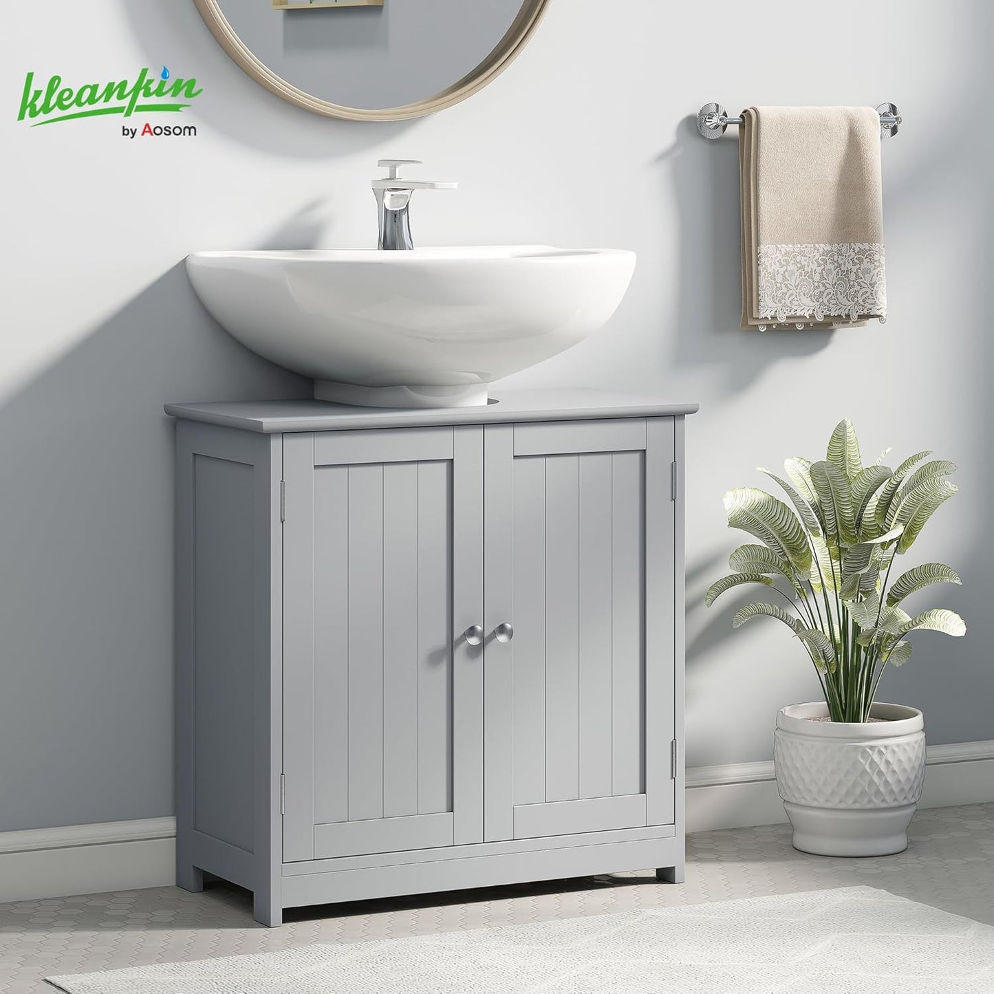 kleankin 23.5" Pedestal Sink Storage Cabinet, Freestanding Bathroom Under Sink Cabinet with U-Shape Cut-Out and Adjustable Shelf, Gray