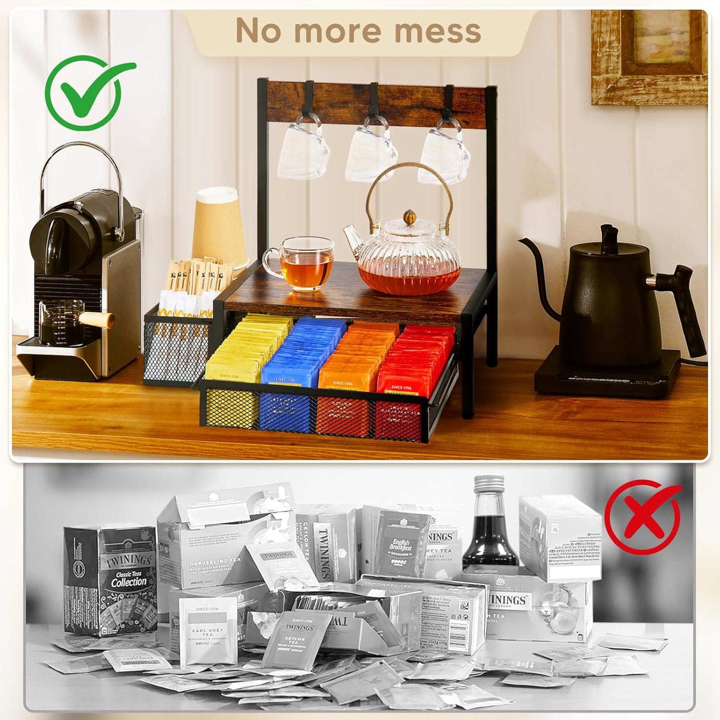 Tea Bag Organizer, Wood Tea Organizer and Storage Cheast, Tea Bag Holder with Storage Drawer, 4 Hooks for Tea Cups Holder, Tea Station Chest Display Container Box for Countertop Kitchen