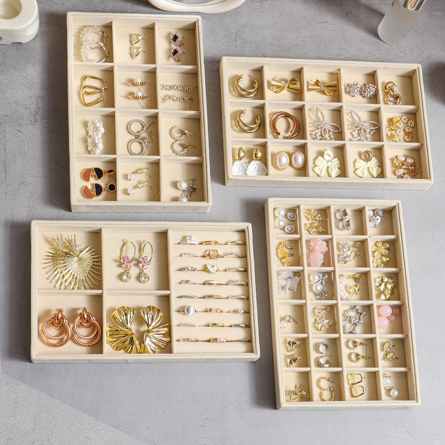 Jewelry Drawer Organizer, 4 Set of Stackable Jewelry Trays for Drawer Inserts Velvet Organizers and Display Storage for Earring Necklace Rings Bracelets (Beige)