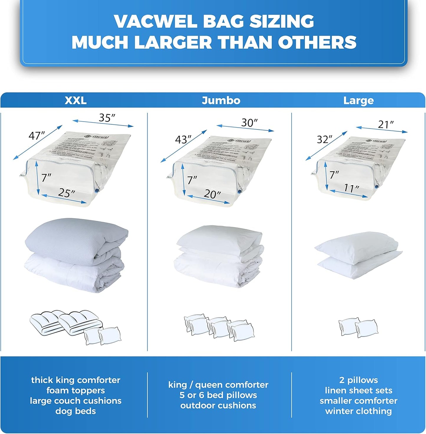 3-Pack XXL,Vacuum Storage Bags,Space Saver Bags for Clothes Storage – XL Comforters,Mattress Topper,3x XXL Bags (47x35in),Bonus 1x Large Bag (32x21in)