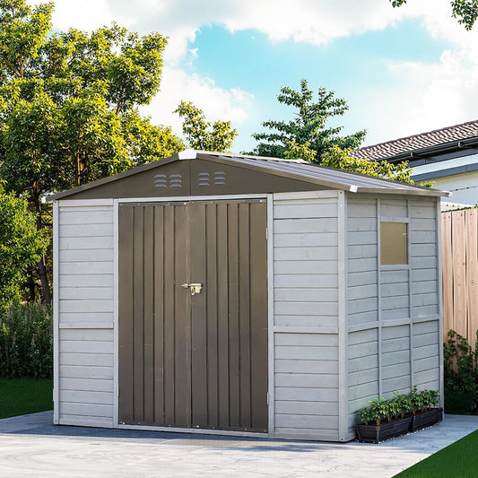 8x6 FT Outdoor Storage Shed, Wood Steel Utility Tool Shed Storage House with Door & Lock, Wooden Sheds Outdoor Storage for Garden Patio Lawn Poolside (Gray)