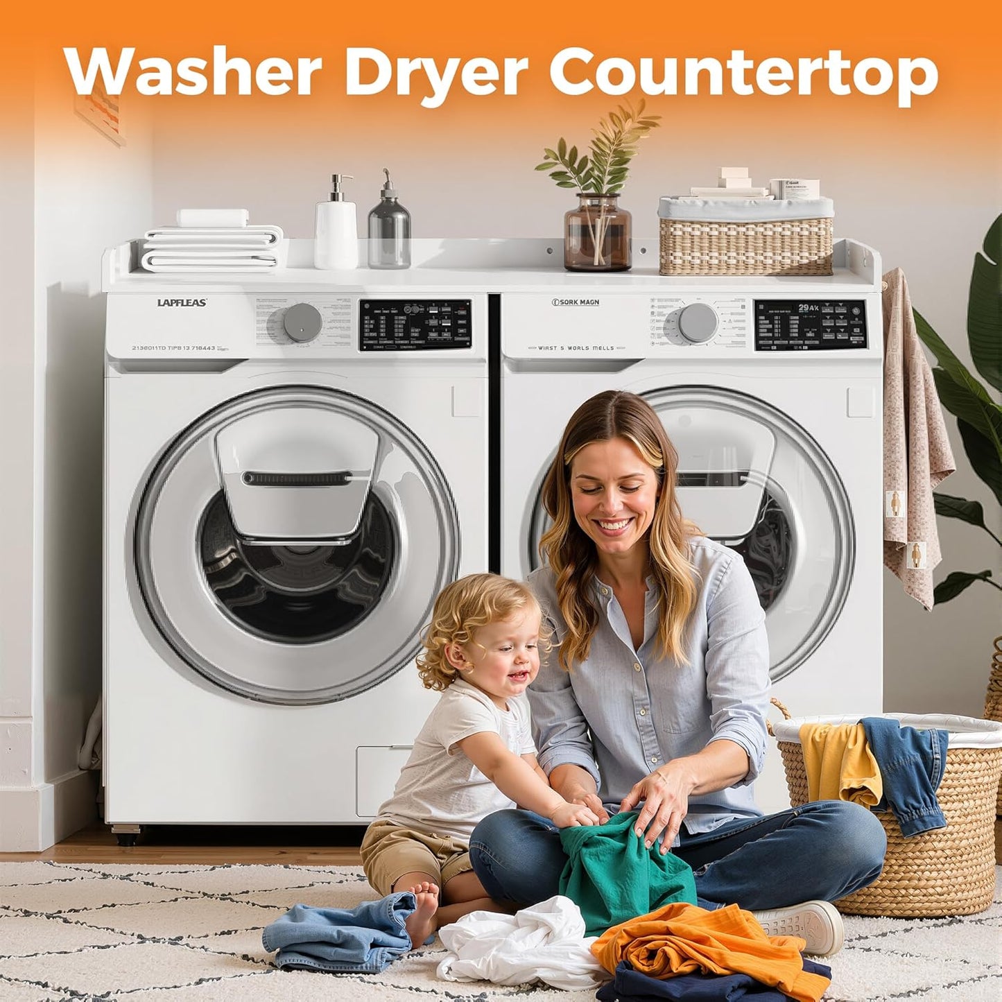 Washer Dryer Countertop, Wood Countertop with Edge Rails for Laundry Room Organization and Storage, Washer Dryer Topper for Laundry Room, 27.5" x 54" (White)