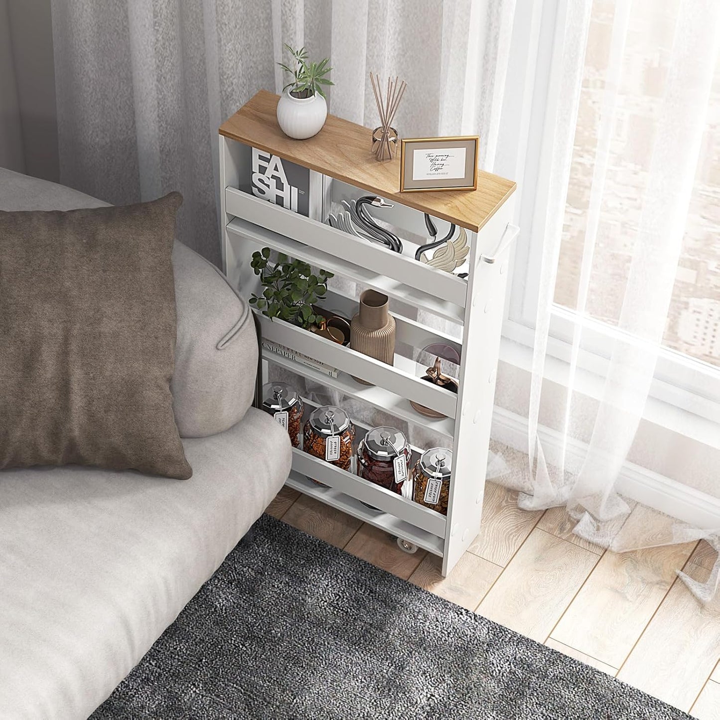 MAT EXPERT Slim Rolling Storage Cart, 4-Tier Freestanding Slim Storage Cart with Wheels 360 Degree & Metal Handle, Wooden Utility Cart for Narrow Kitchen, Laundry Room, Bathroom (White + Natural)