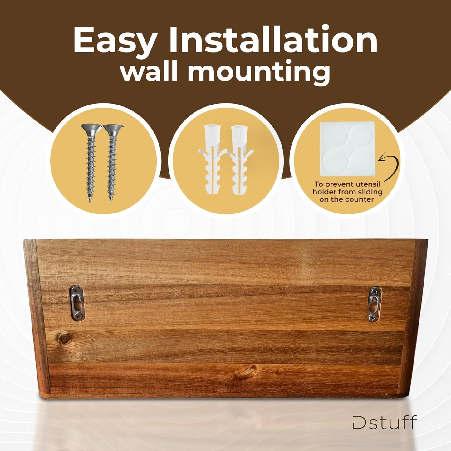Dstuff Large Kitchen Utensil Holder Organizer for Counter or Countertop, Wooden Storage Container for Cooking and Silverware, Acacia Rustic Wood (4 Compartments)
