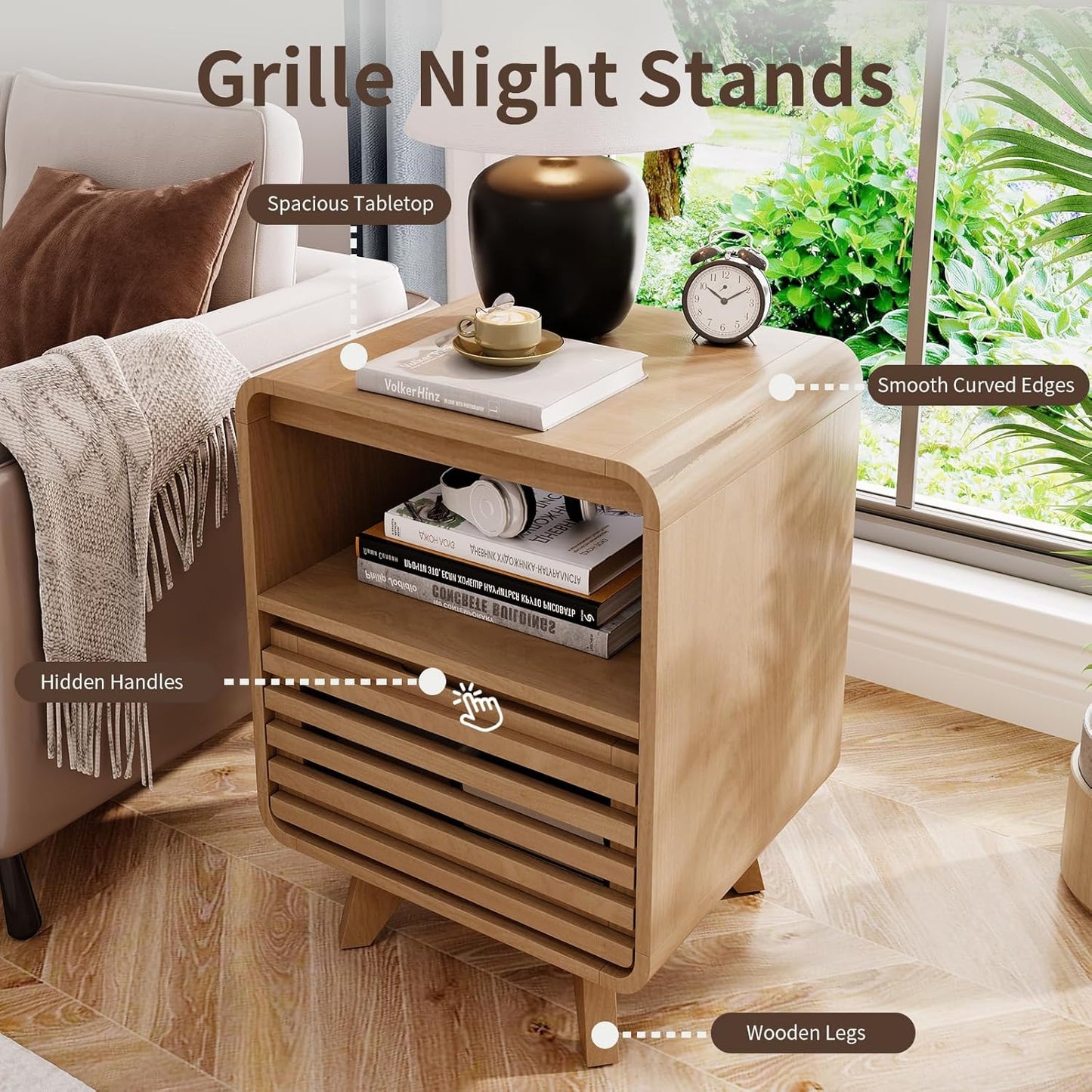 Fluted Night Stand Nightstand with Drawer Storage Grille Bed Side Table End Table Large Modern Wide Bedside Stand Tall Night Stands for Bedroom Living Room Sofa Couch Home Office, Natural Oak