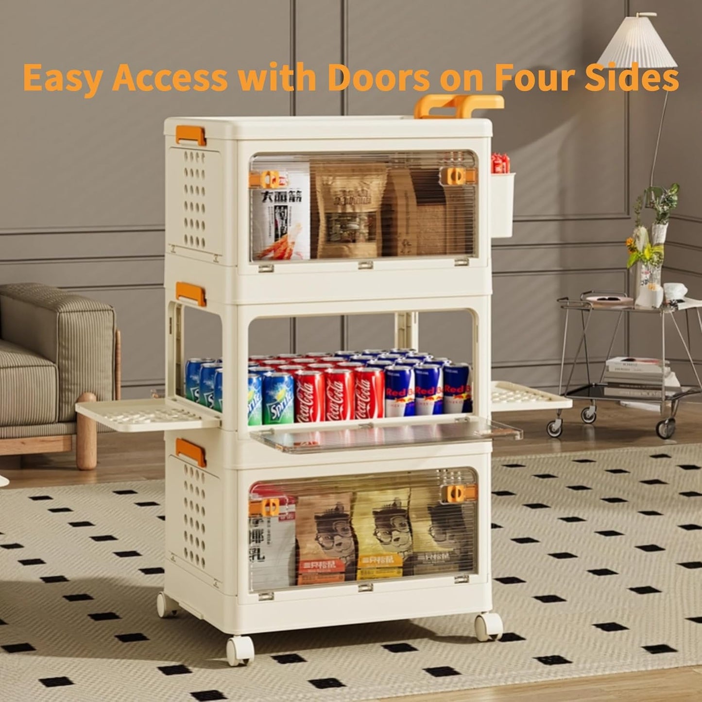 58 QT Storage Bins with Lids, Stackable Rolling Storage Cart with Clear Doors, 4 Tier Storage Cart on Wheels, Plastic Storage Containers for Home, Office, Kitchen, Bedroom, White