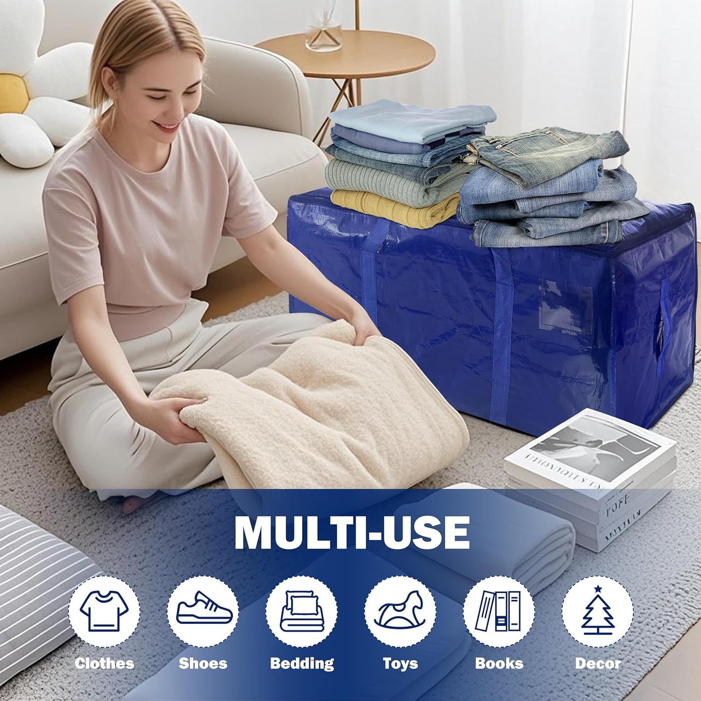4 Pack Extra Heavy Duty Large Moving Bags with Strong Zipper & Carrying Handles, Sturdy Clothes Storage Bag Totes Bins, Packing Bags Moving Boxes College Moving Supplies, Dark Blue - 40 gal