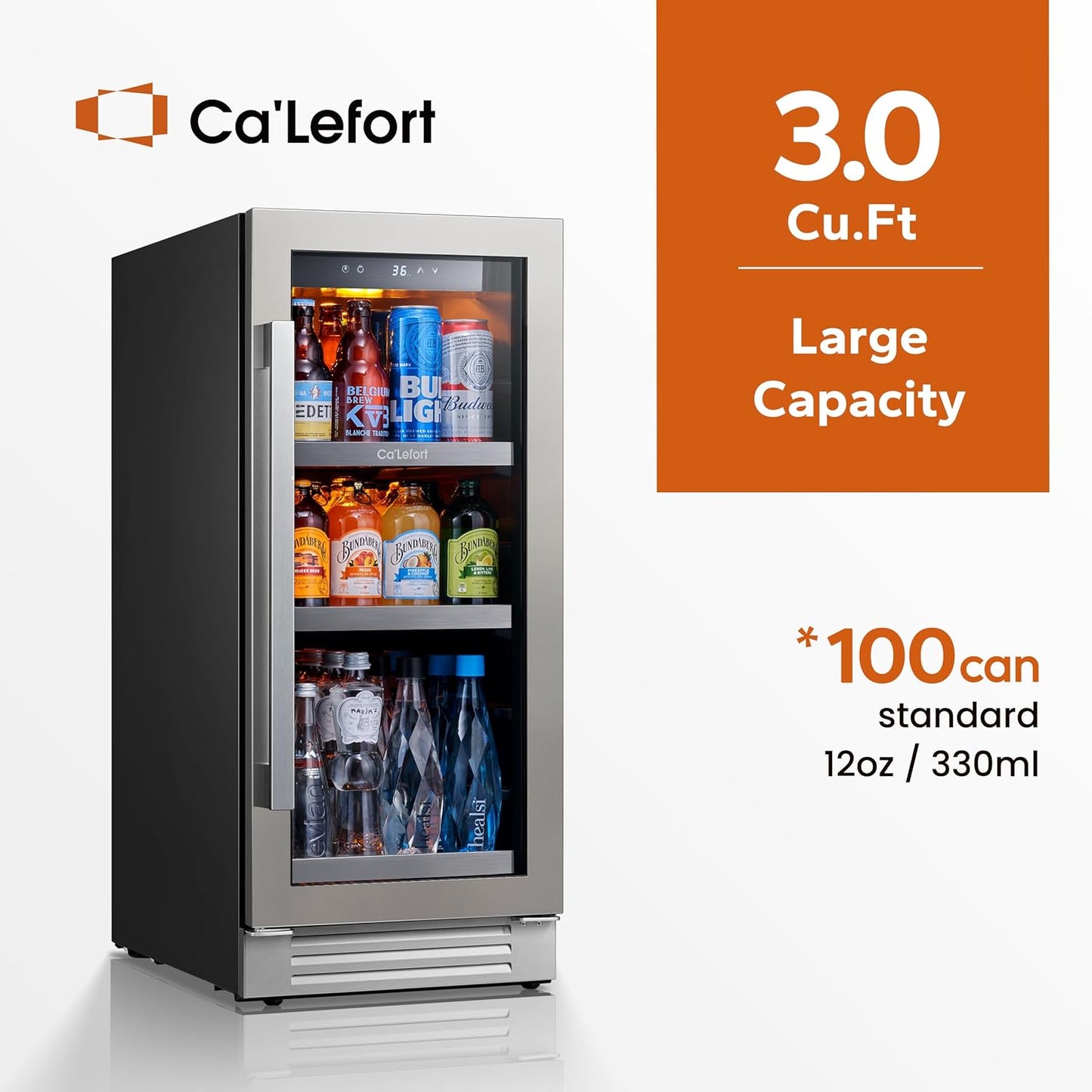 Ca'Lefort 15 Inch Beverage Refrigerator - 100 Can Small Beverage Fridge, Drink Fridge Glass Door 3 LED 34°F -54°F Beverage Cooler Built-in or Freestanding, Perfect for Home/Kitchen(3.0 cu.ft)