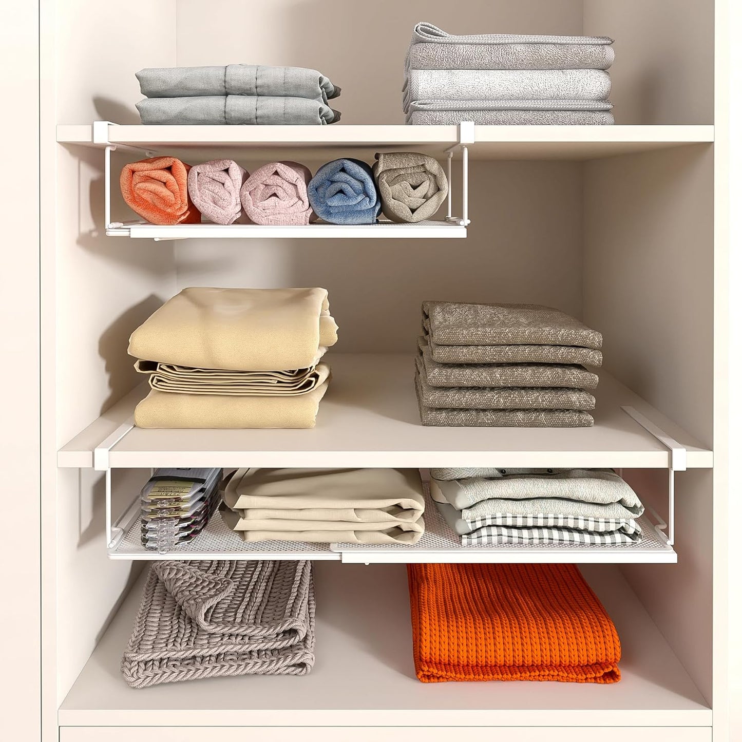 Expandable Under Cabinet Shelf, Extendable Under Shelf Storage with 0.94 Inches Thick Clips for Shoe Rack, Pantry Cabinet, Laundry Room. (White, 2 Pack, Interior: 6" H x 8.26" D)