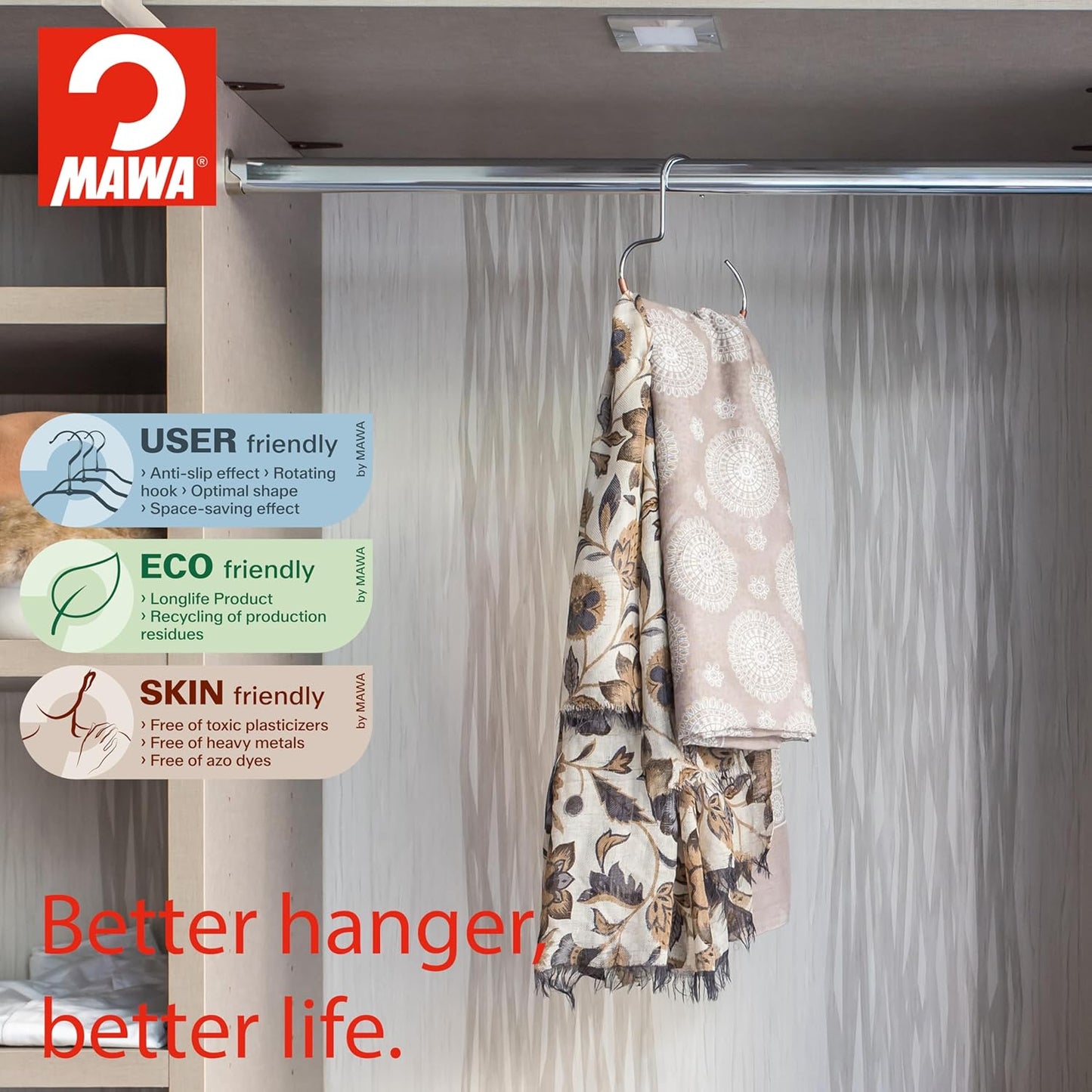 MAWA by Reston Lloyd Scarf, Shawl, Belt, and Accessory Organizer, Non-Toxic Metal Hanger with Grip Coating, Easy Access Open Hook, Model G-1, Space-Saving Design, Set of 40, Latte