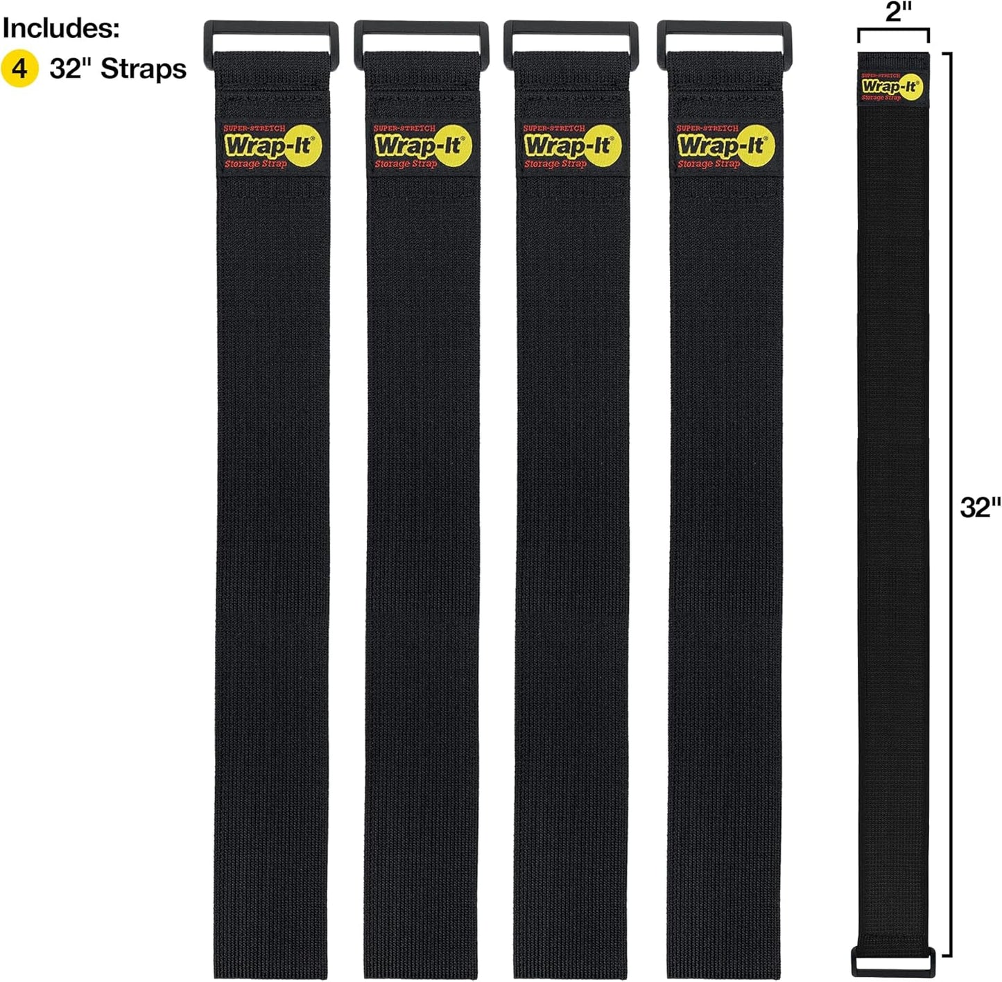 Super-Stretch Wrap-It Storage Straps, 32-in x 2-in (4-Pack) - Elastic Hook and Loop Cinch Straps - Pool Hose and Cable Straps, Garage and RV Storage Accessories