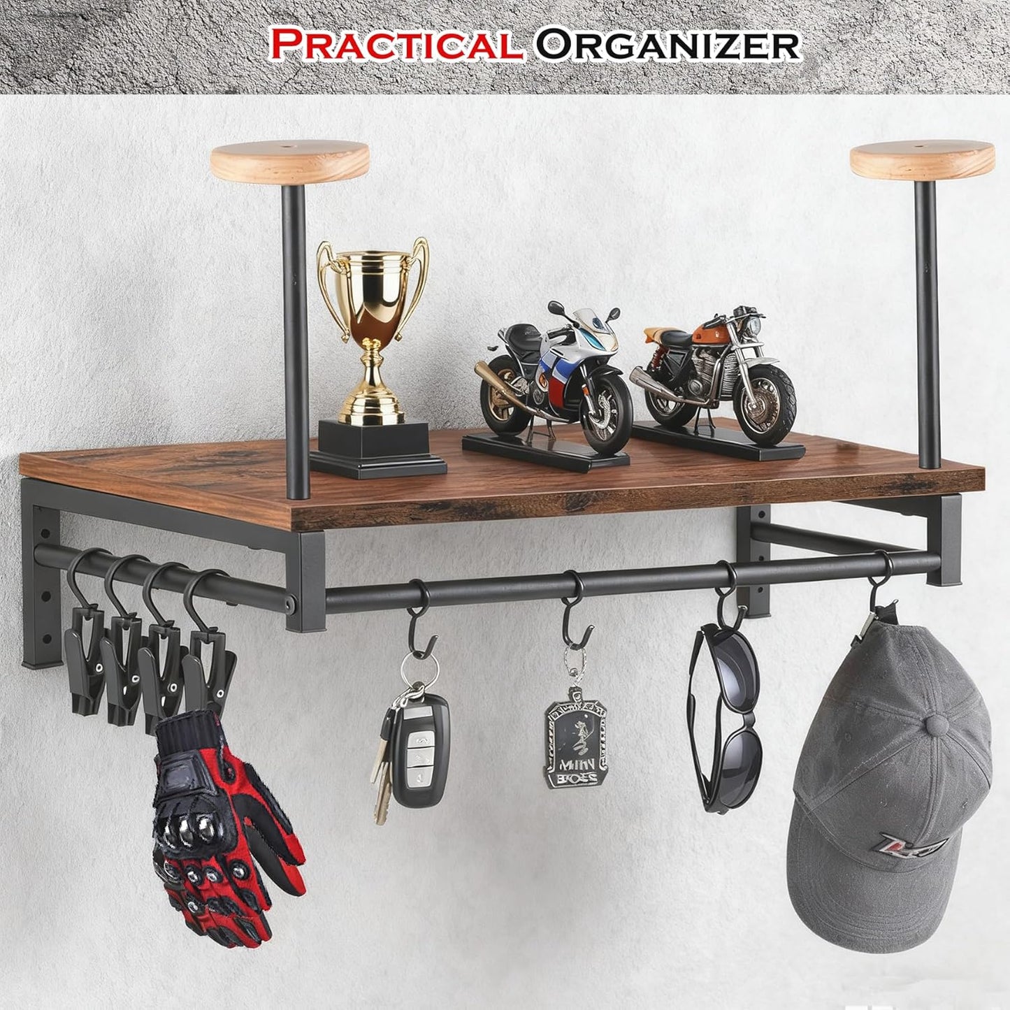 Motorcycle Helmet Holder Wall Mount, Gear Storage Rack with 4 Glove Clips, Wood and Metal Helmet Stand