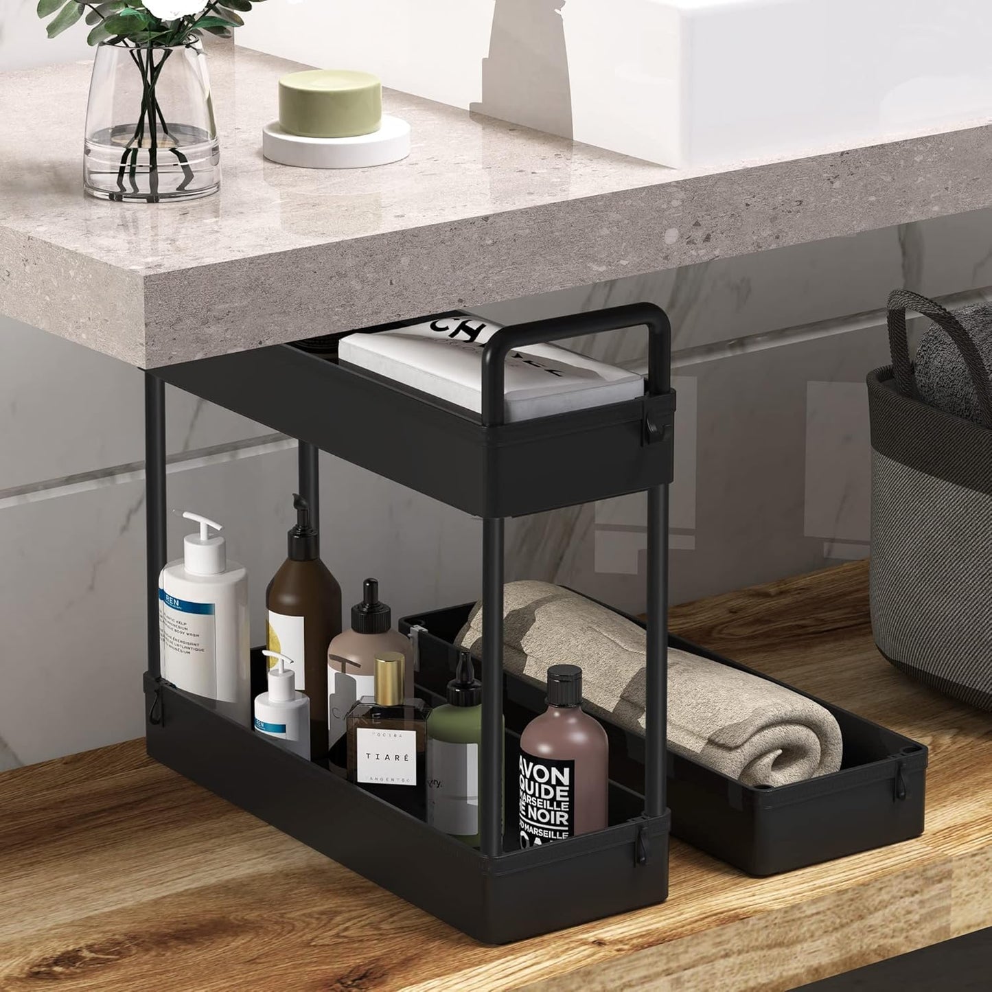 SOLEJAZZ Slim Rolling Storage Cart with Wheels 3 Tier Skinny Bathroom Storage Organizer Thin Laundry Room Utility Cart Space-Saving for Bedside Kitchen Office Small Narrow Places, Black