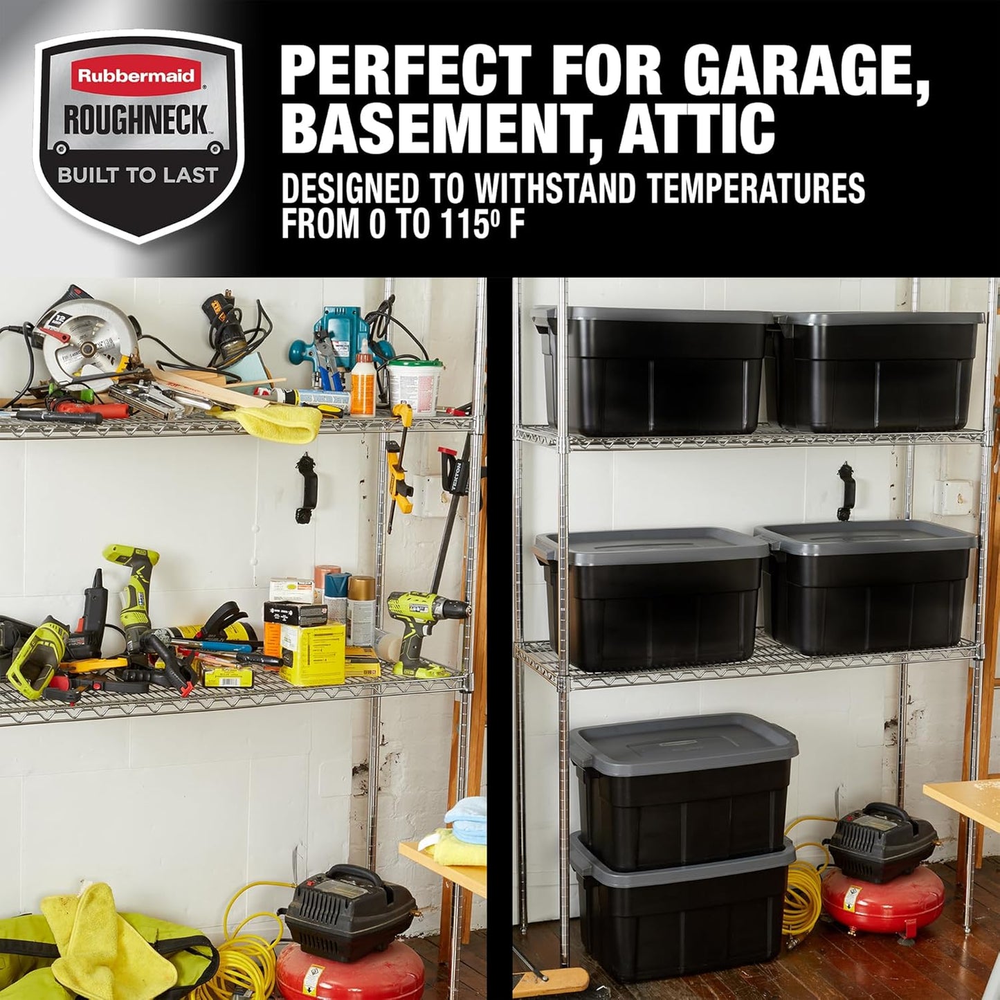 Rubbermaid Heavy Duty Black Storage Bins Plastic Totes with Lids for Storage, Stackable, Large Capacity, Durable, Multipurpose, 14 GAL, 6 Pack (14 GAL - 6 Pack Solid Black and Grey)