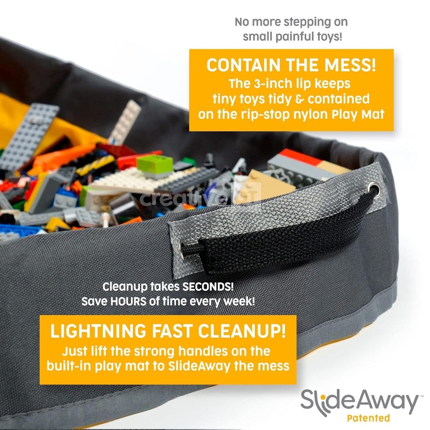 Creative QT SlideAway Toy Storage Organizer & Extra Large 52" Play Mat, Collapsible Storage Bins for Building Bricks, Small Blocks, Toys, Drawstring Cleanup for Kids Playroom & Classroom, Grey