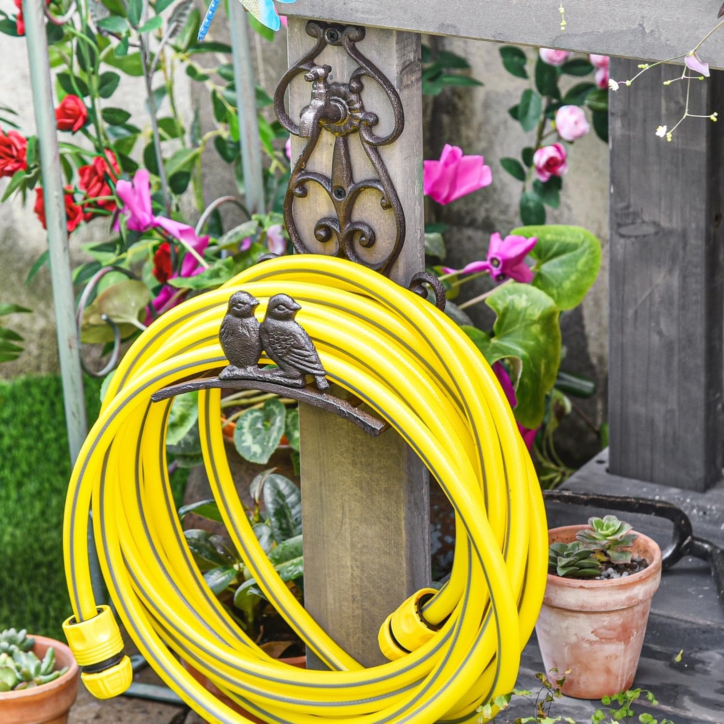 Sungmor Vintage Cast Iron Garden Hose Holder - Small Decorative Wall Mount Hose Hanger with Birds & Scroll, Heavy Duty Outdoor Storage Hook for Yard, Garden, or Patio - Rustic Bronze Finish
