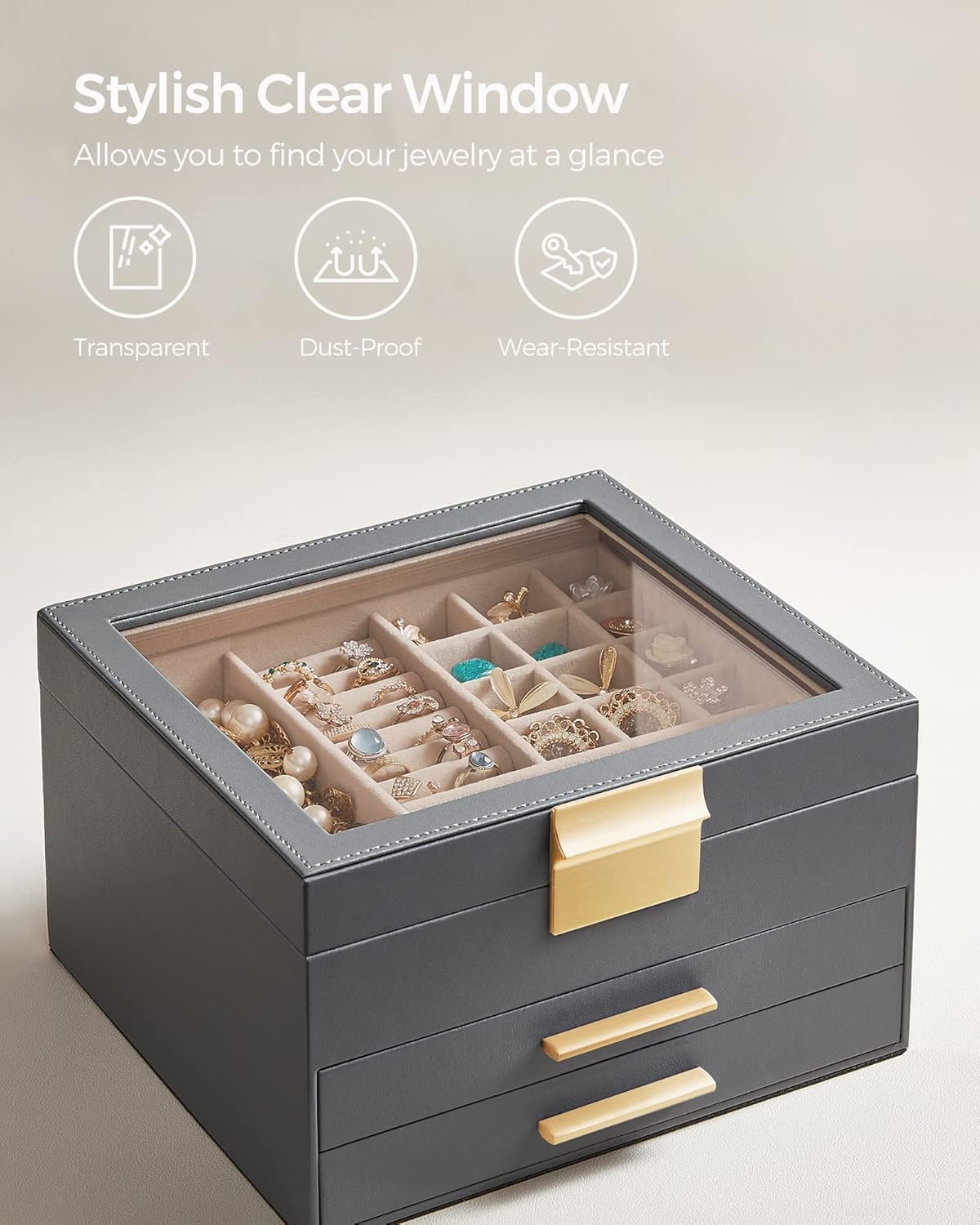 SONGMICS Jewelry Box Organizer with Glass Lid, 3-Layer Jewelry Storage, with 2 Drawers, Modern Style, Christmas Gift, 8 x 9.1 x 5.3 Inches, Interstellar Gray and Gold Color UJBC239G02