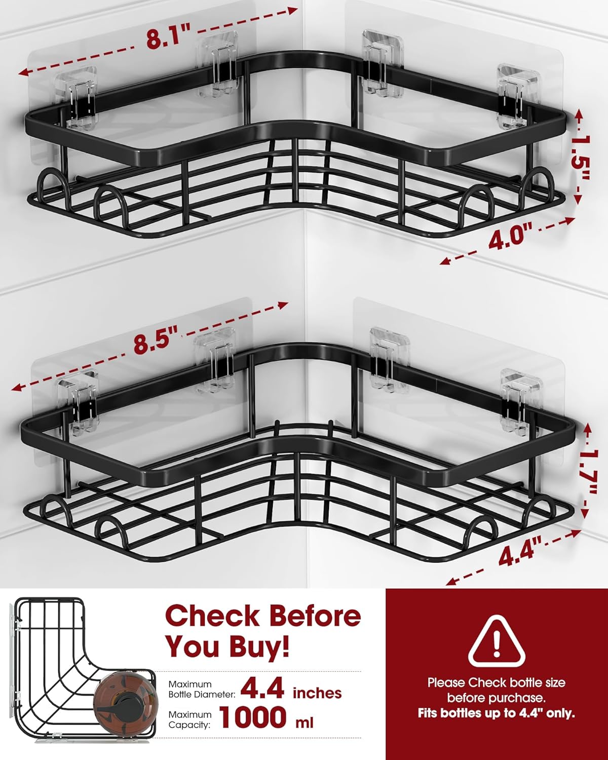 Corner Shower Caddy - 2 Pack, Adhesive Shower Organizers, Rustproof Stainless Steel Shower Shelves with 8 Hooks, No Drilling Bathroom Organizers and Storage Racks, Space-Saving, Black,Medium