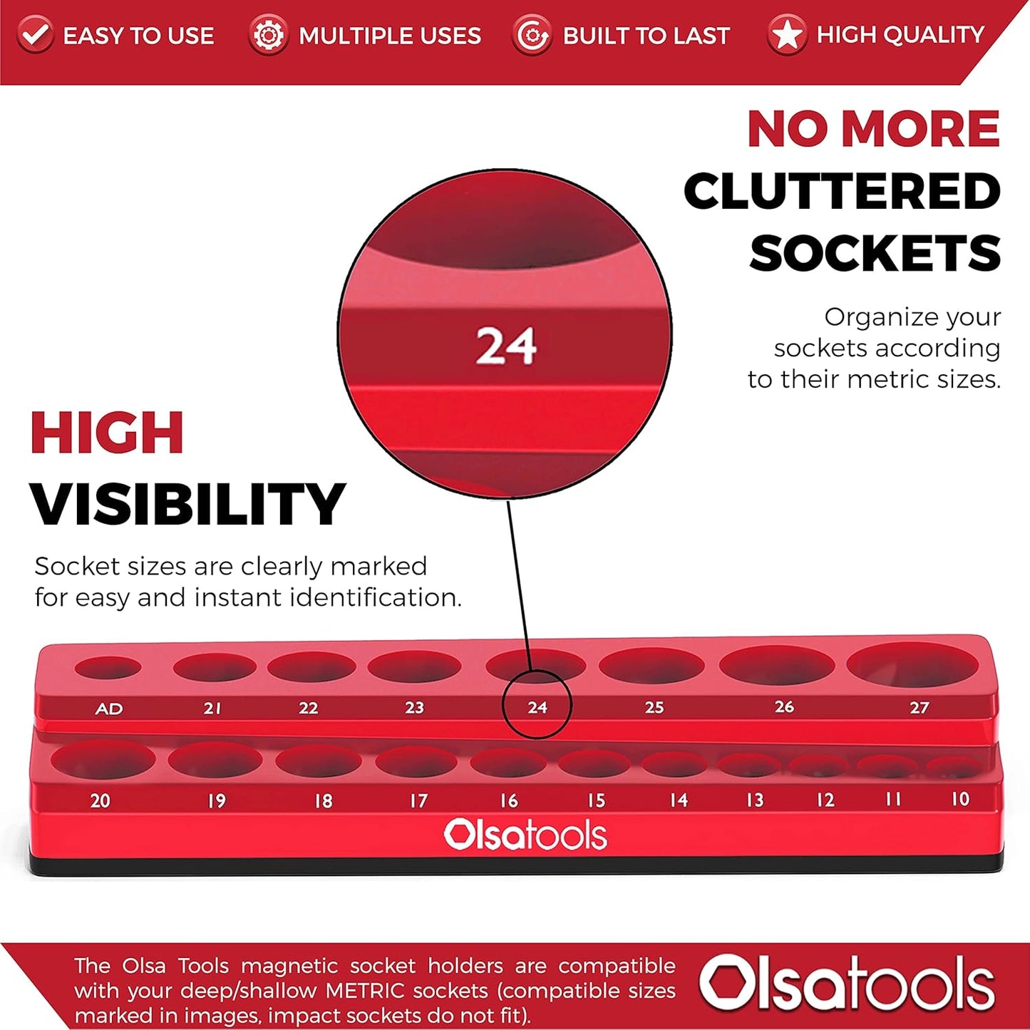Olsa Tools Magnetic Socket Holder - 1/2-Inch Drive - Metric - Red - Holds 19 Sockets - Professional Quality Organizer - Part: 1299