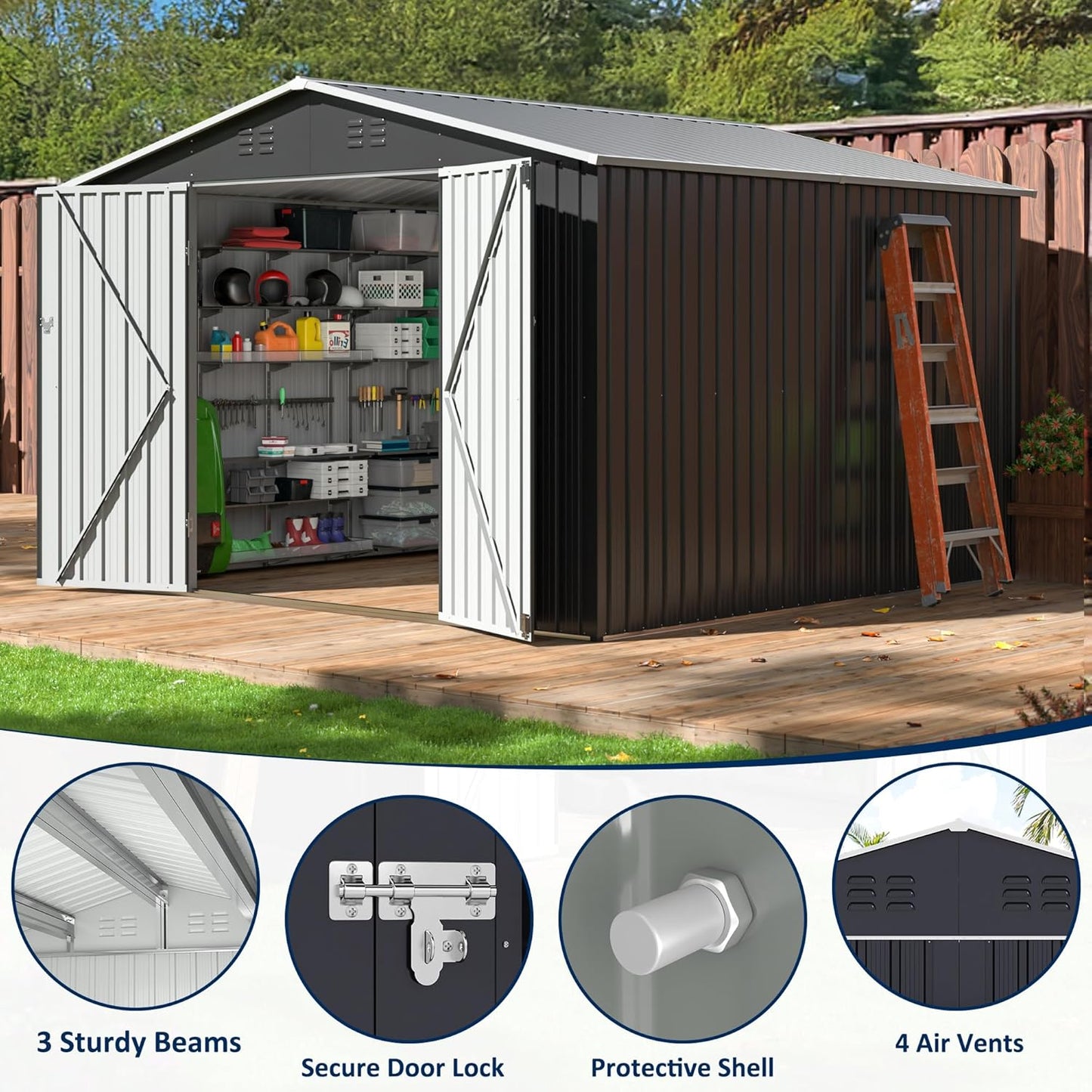 10x10 FT Storage Shed, Garden Shed with Updated Frame Structure and Lockable Doors, Metal Tool Sheds for Backyard Garden Patio Lawn, Grey