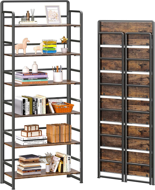 4NM No Assembly 6 Tiers Folding Bookshelf Storage Shelves Vintage Bookcase Standing Racks Study Organizer Home Office (Rustic Brown Black)