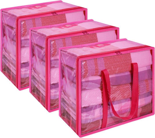 Vieshful Pink 40L Clear Clothes Storage Bag with Zipper 3 Pack Colorful Clothes Organizer Vinyl Storage Bag for Comforter, Blanket, Bedding, Duvet, Transparent Moving Totes