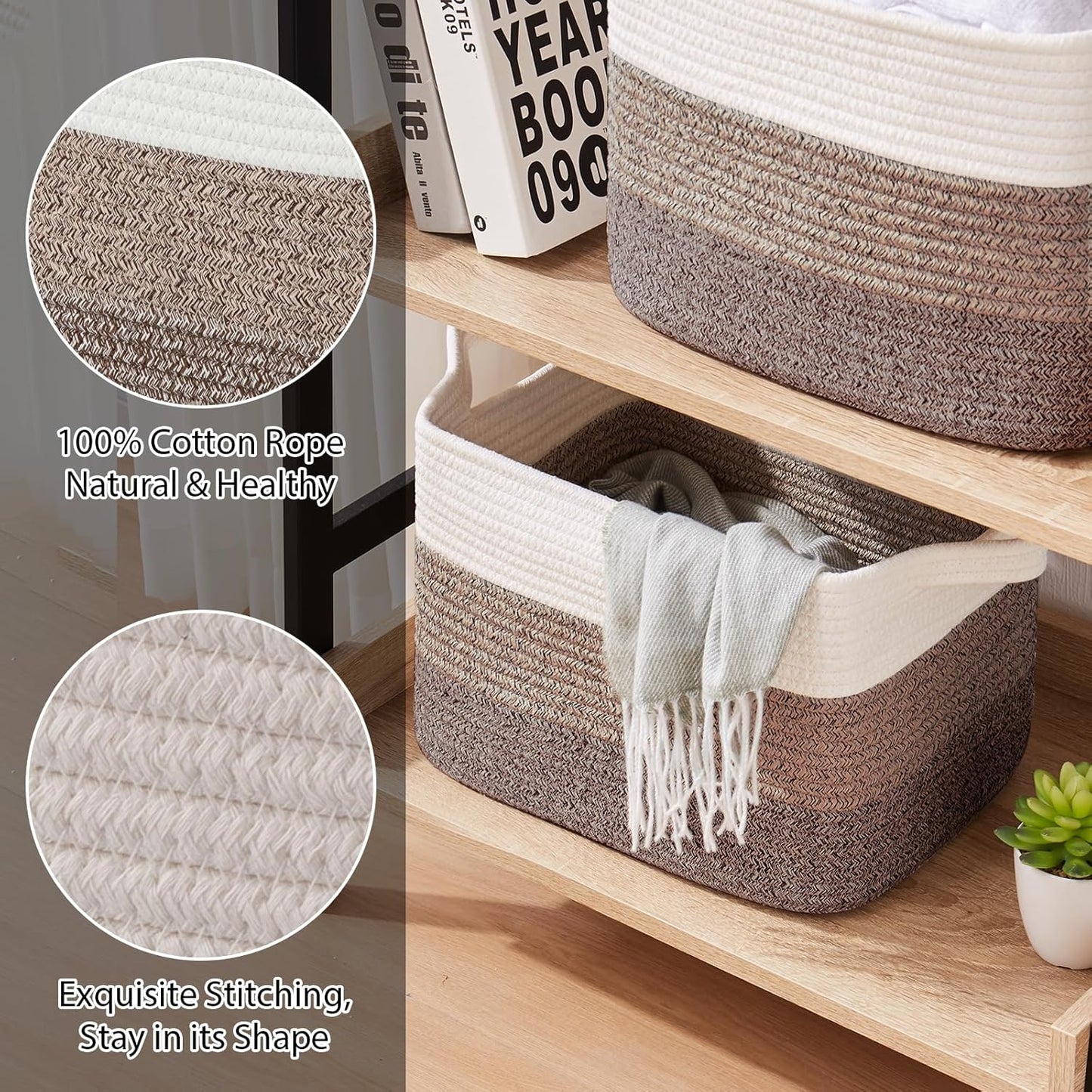 Storage Basket for Organizing, Woven Baskets for Storage, Rectangle Decorative Baskets for Shleves, Closet, Toys, Book, Nursery Organizer Bins - Pack of 3 (Gradient Dark Brown, 13"x9.85"x8.7")