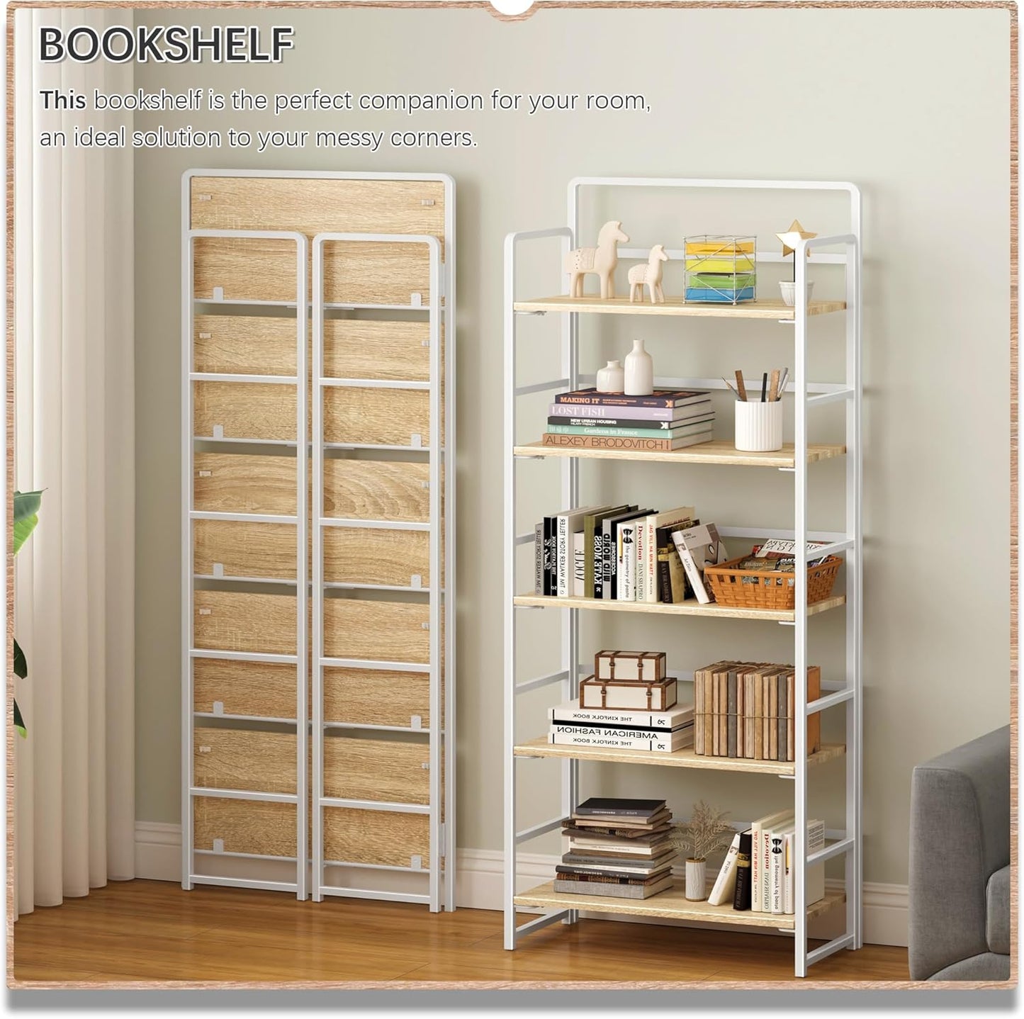 4NM No Assembly 5 Tiers Folding Bookshelf Storage Shelves Vintage Bookcase Standing Racks Study Organizer Home Office (Natural White)